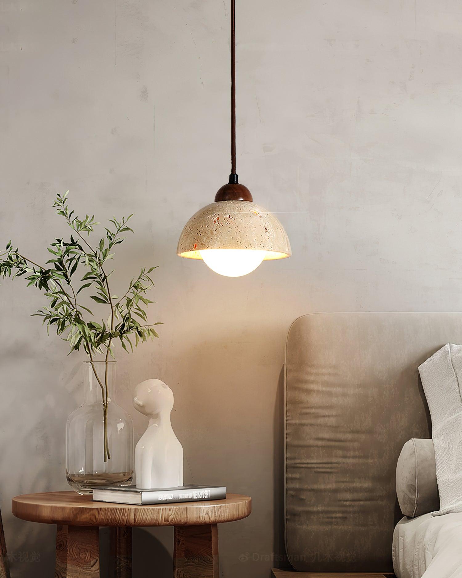 Zeno Pendant Lamp Wood Top Yellow Travertine Glass Shade White Beige Modern-Neutral Decor