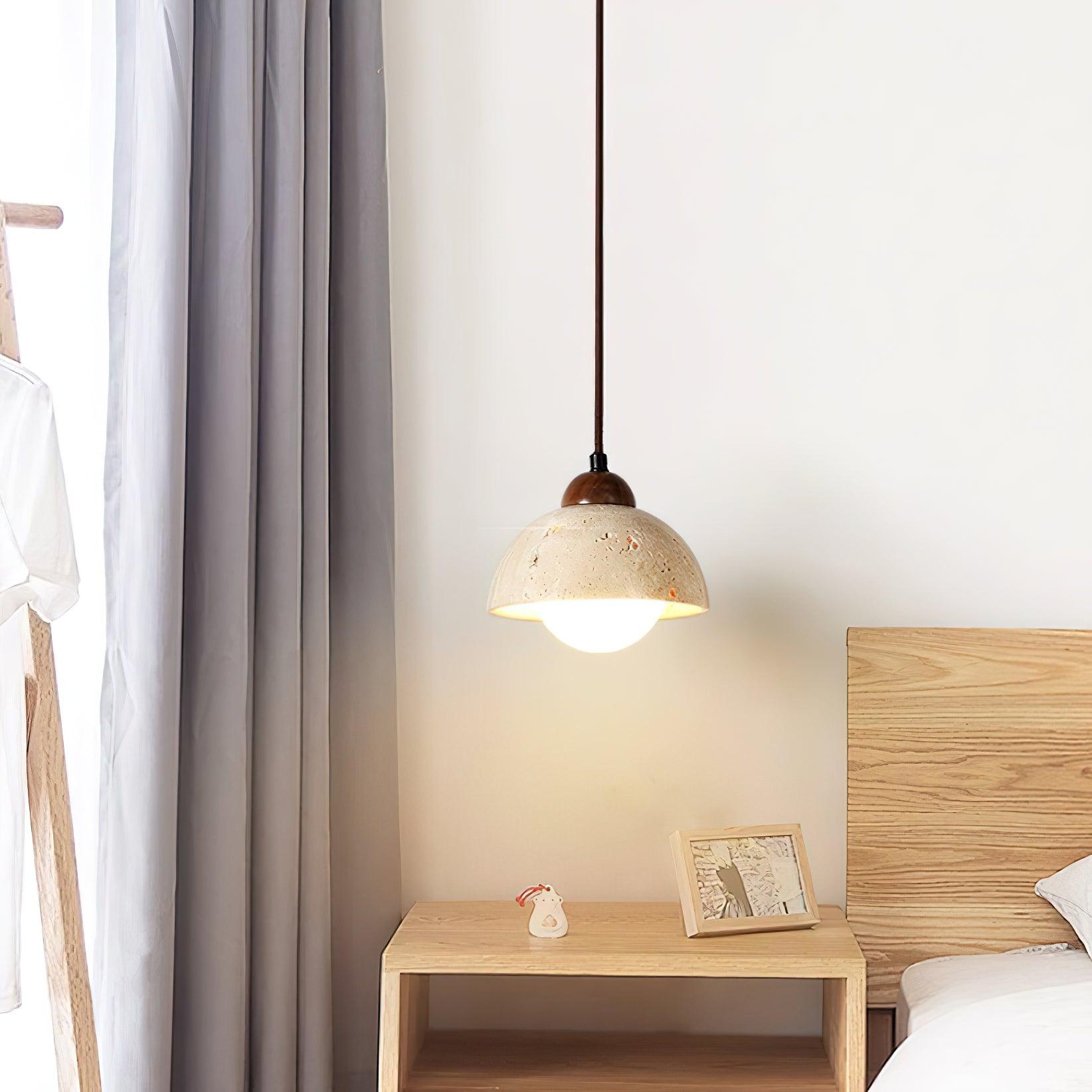 Zeno Pendant Lamp Wood Top Yellow Travertine Glass Shade White Beige Modern-Neutral Decor