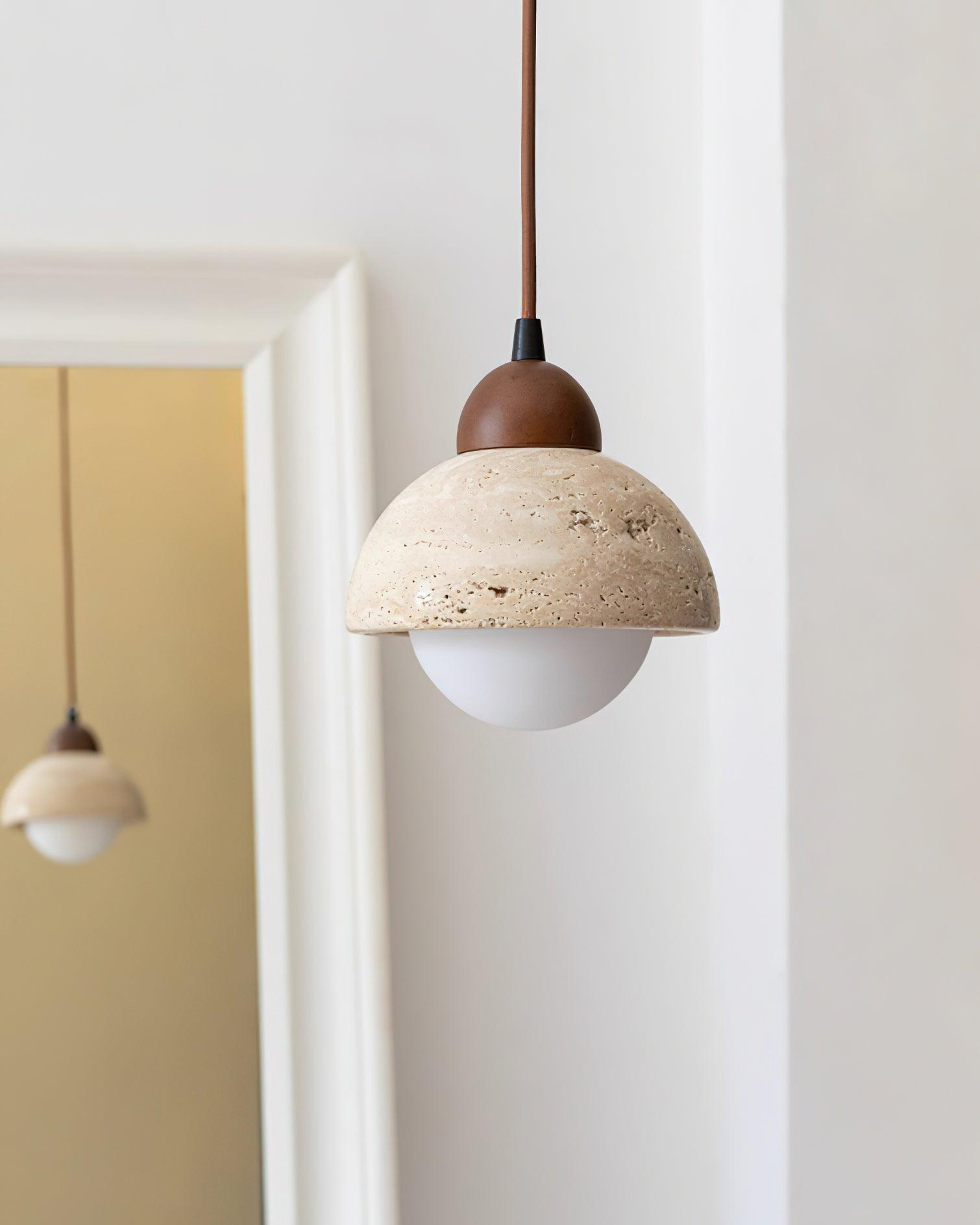 Pendant Lamp Wood Top Yellow Travertine Glass Shade White Beige Modern