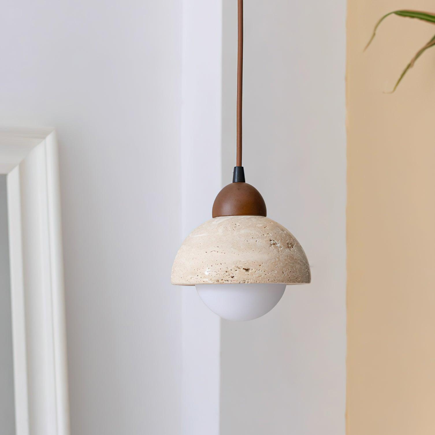 Zeno Pendant Lamp Wood Top Yellow Travertine Glass Shade White Beige Modern-Neutral Decor
