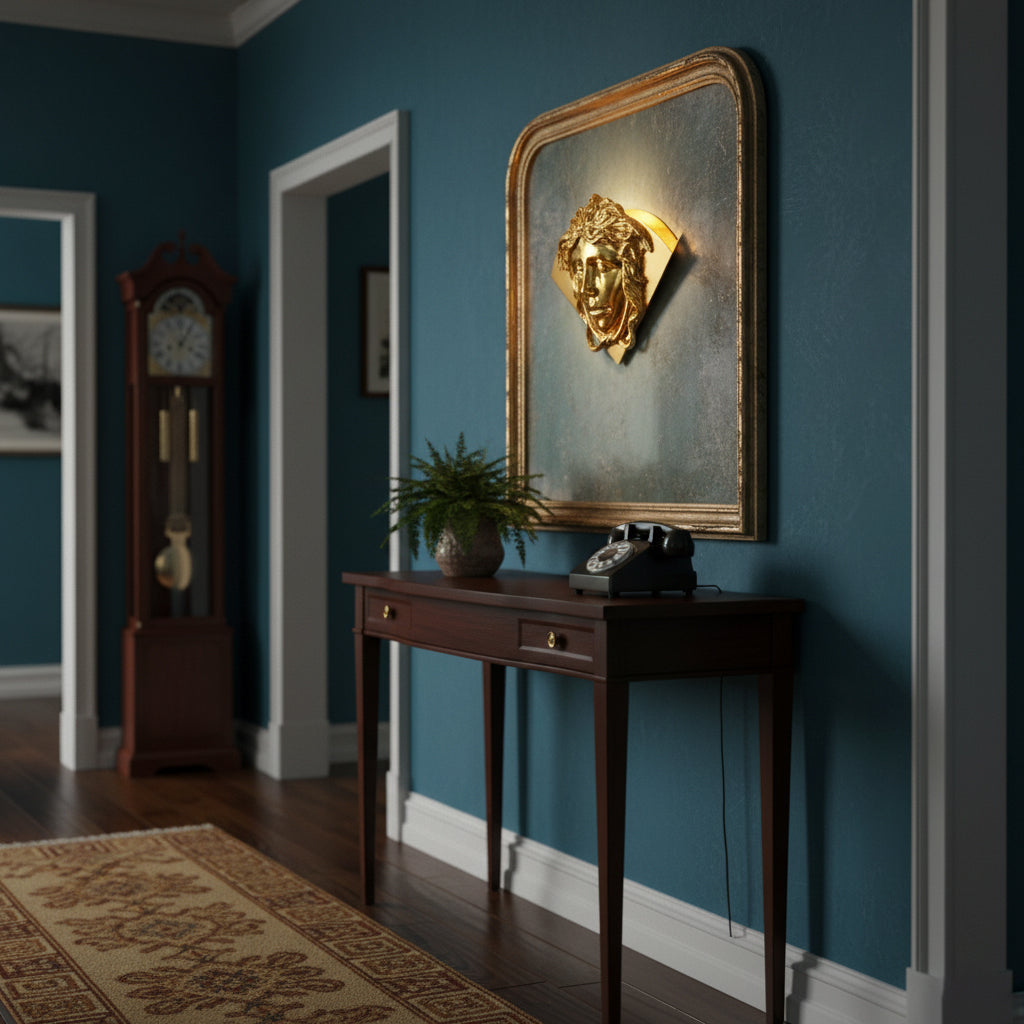 Sphinx Brass Wall Lamp shown in a modern living room setting.
