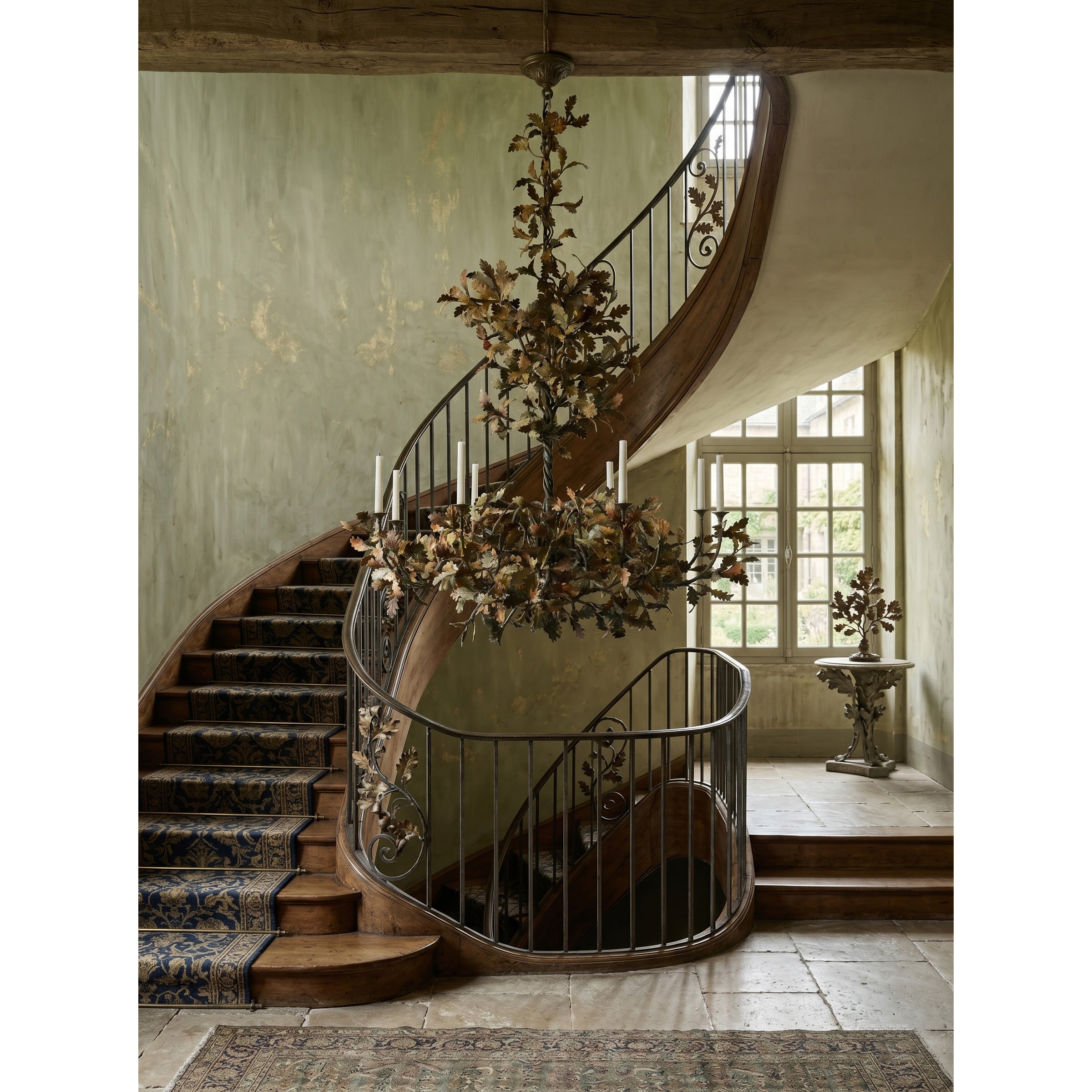 Lifestyle image of the chandelier in a rustic-luxe living space.