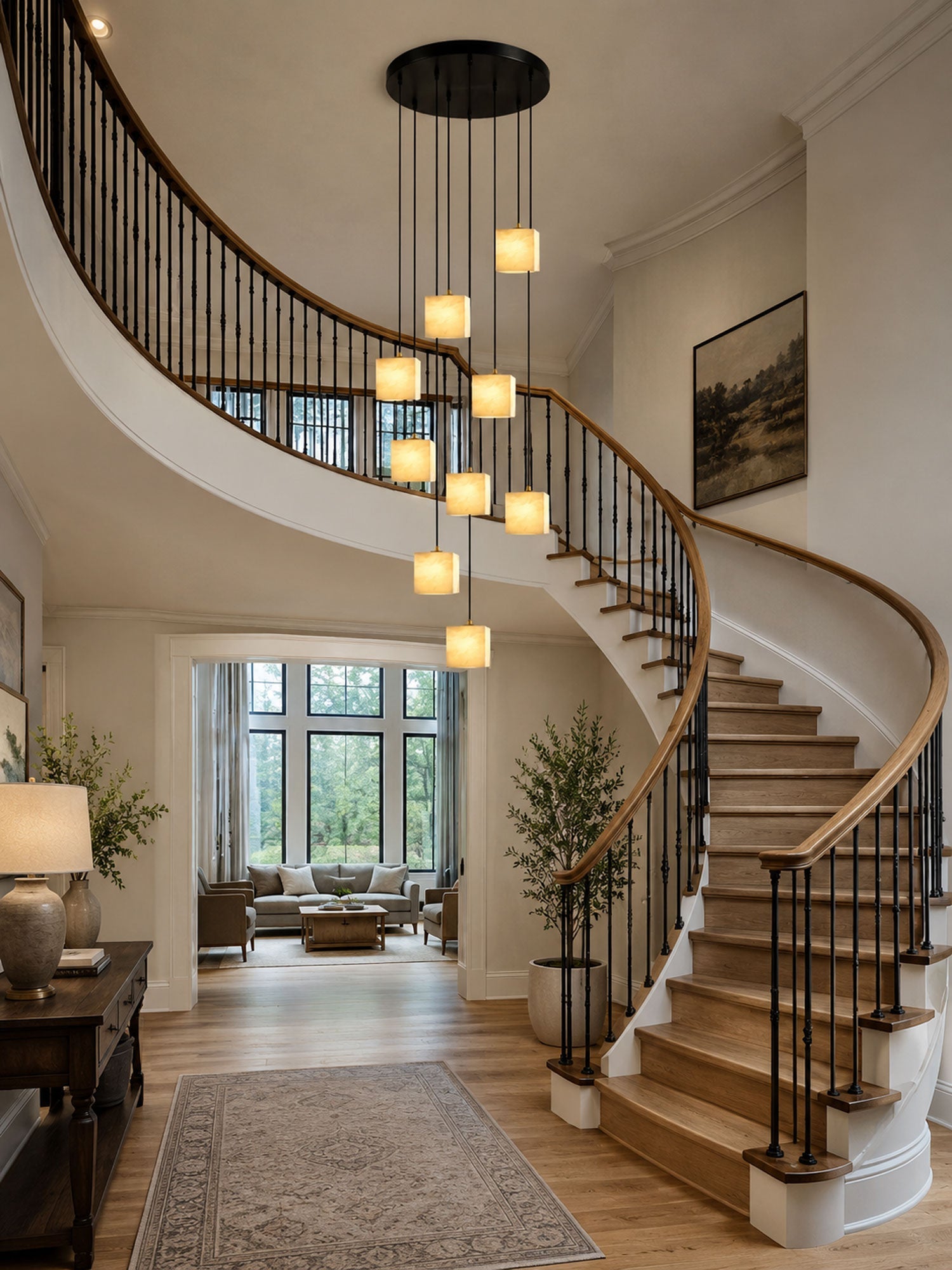 Square Alabaster Staircase Chandelier-Neutral Decor