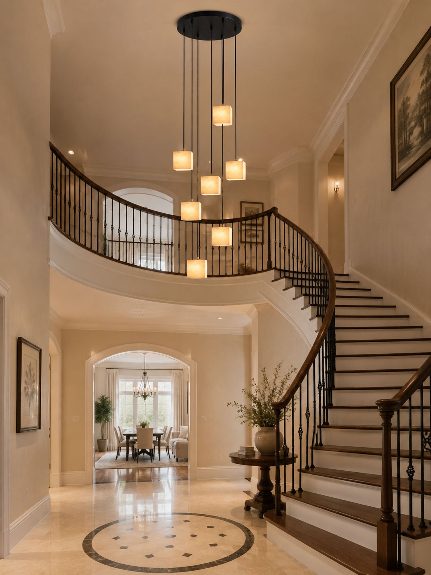 Square Alabaster Staircase Chandelier-Neutral Decor