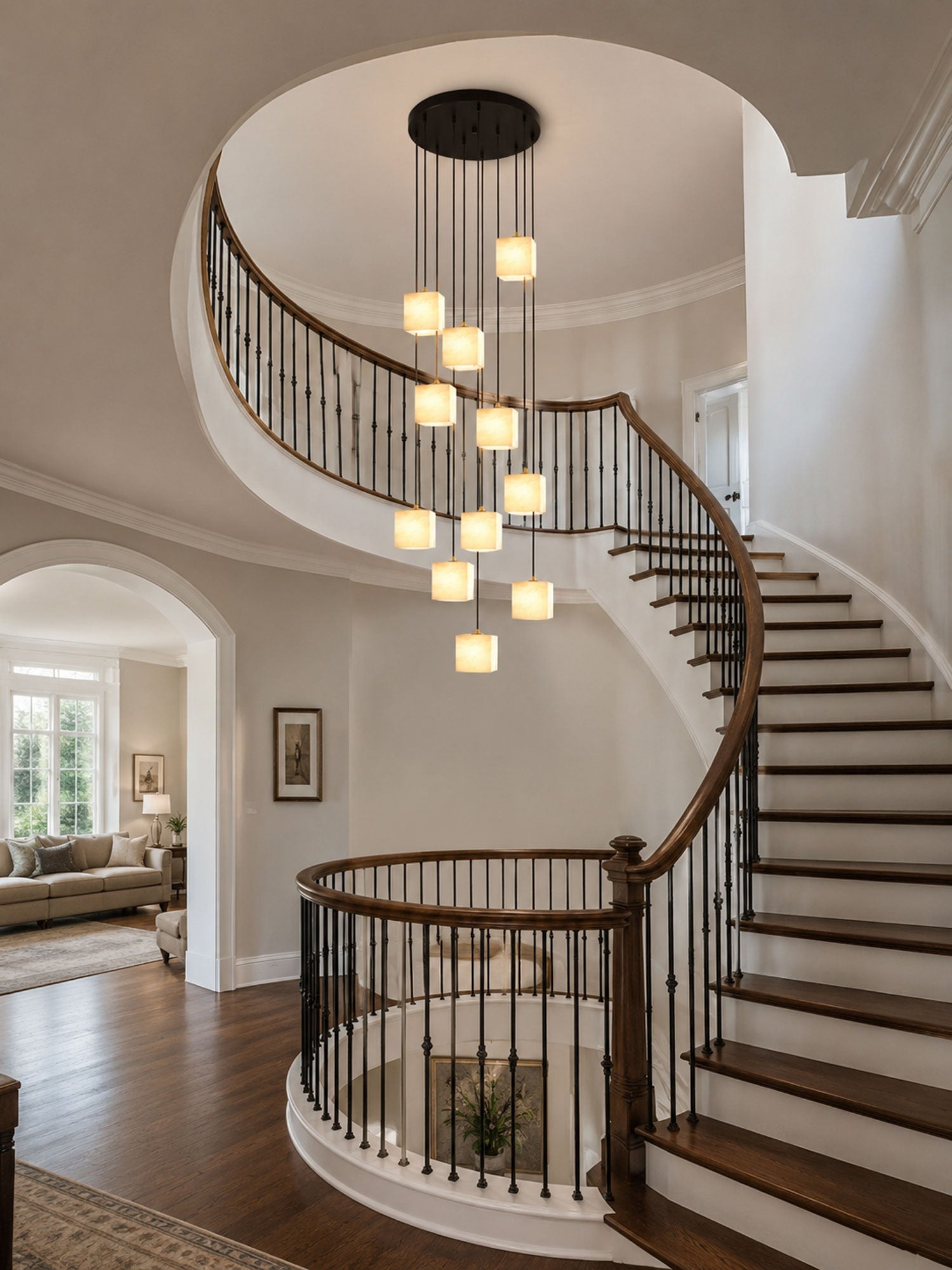 Square Alabaster Staircase Chandelier-Neutral Decor