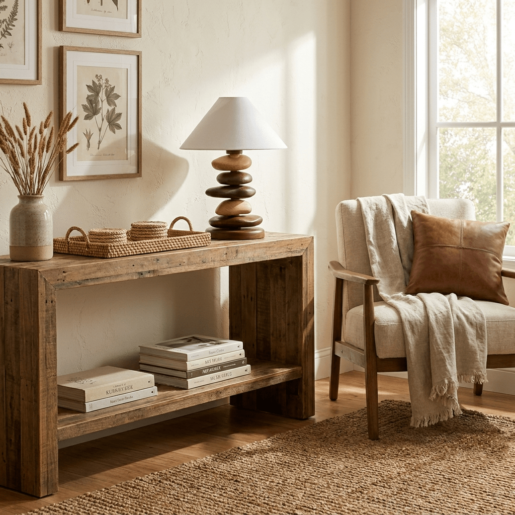 Stacked Pebble Wood Table Lamp-Neutral Decor