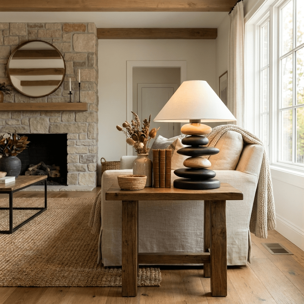 Stacked Pebble Wood Table Lamp-Neutral Decor