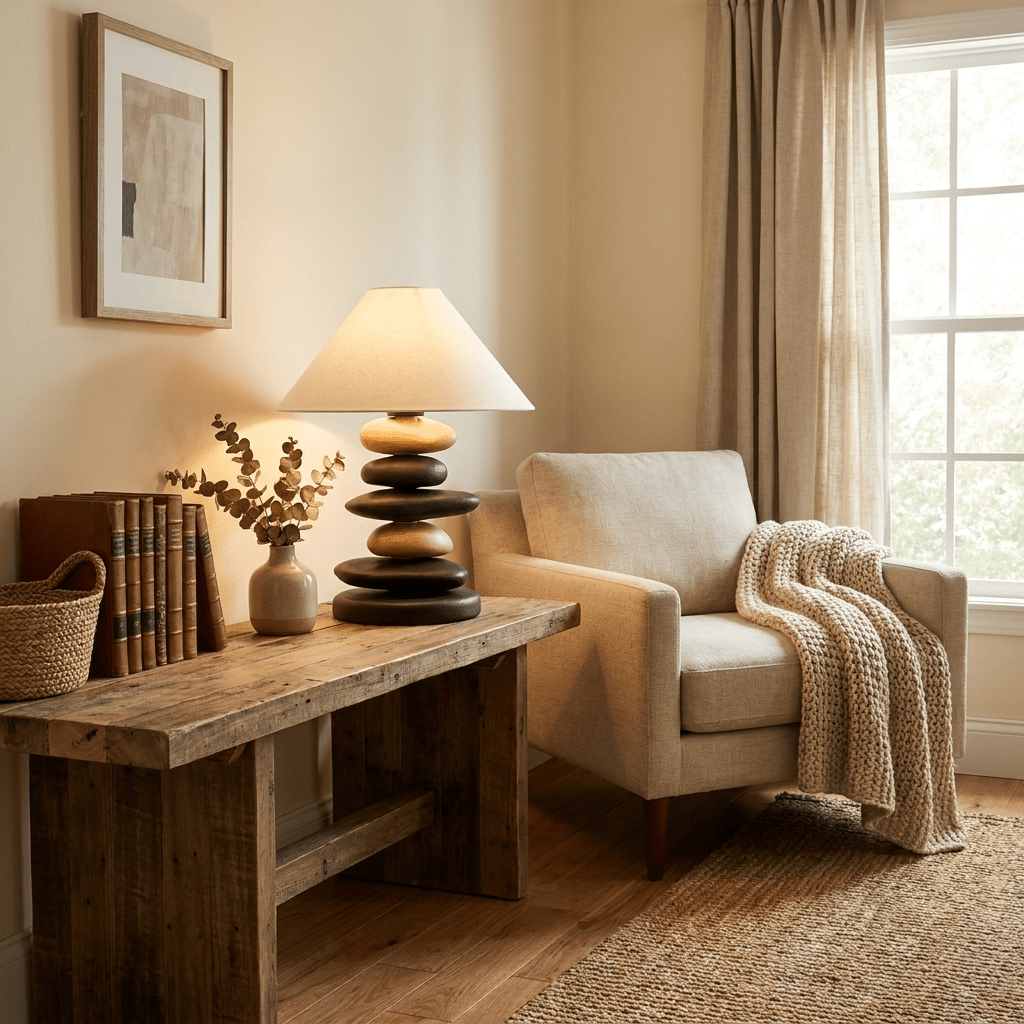 Stacked Pebble Wood Table Lamp-Neutral Decor