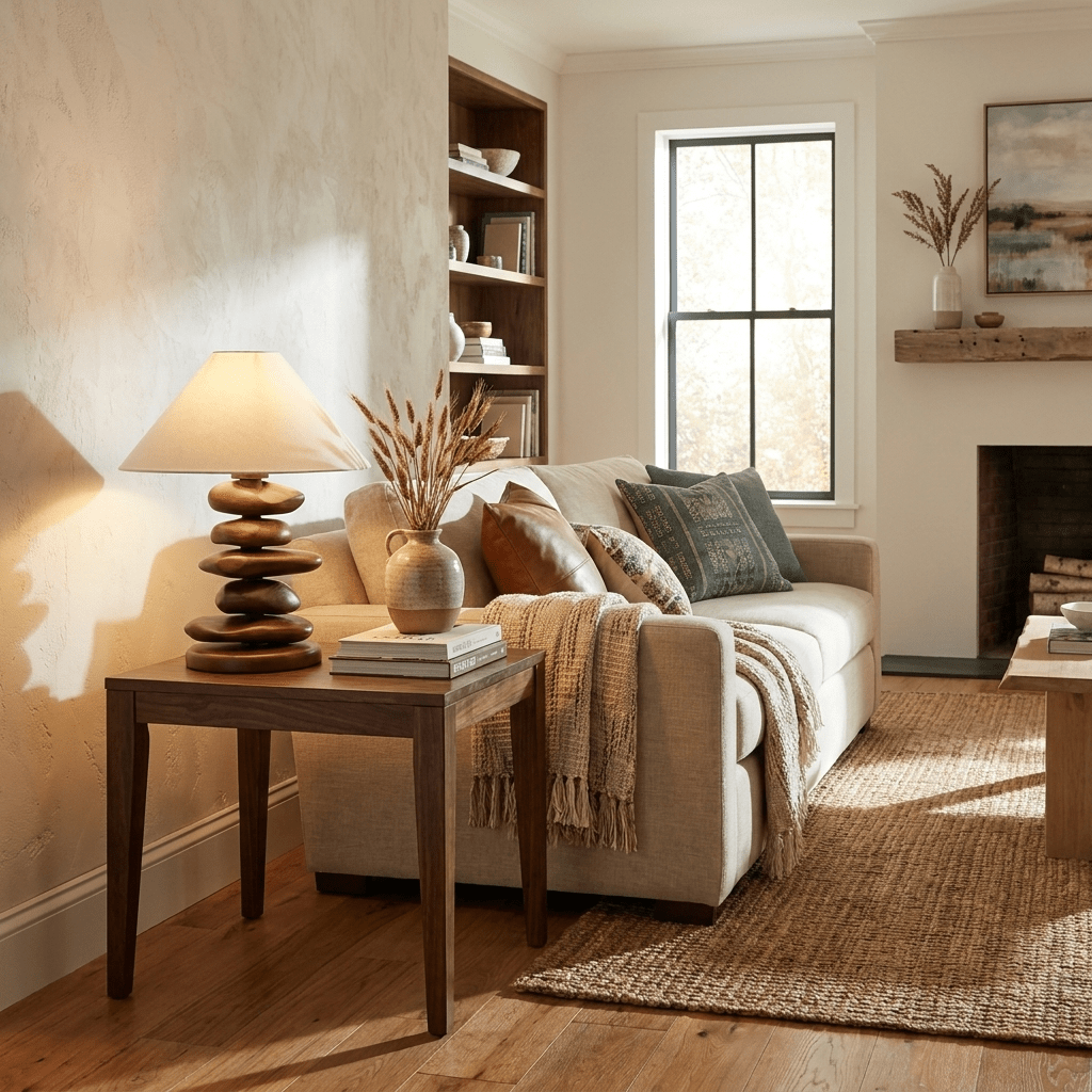 Stacked Pebble Wood Table Lamp-Neutral Decor