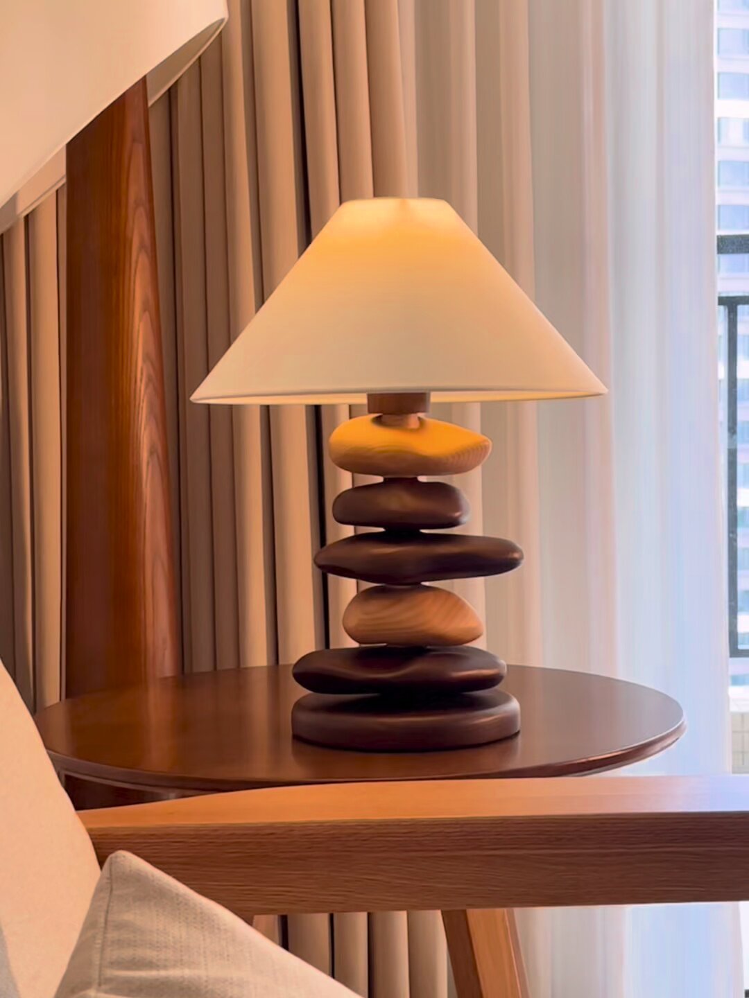 Stacked Pebble Wood Table Lamp-Neutral Decor