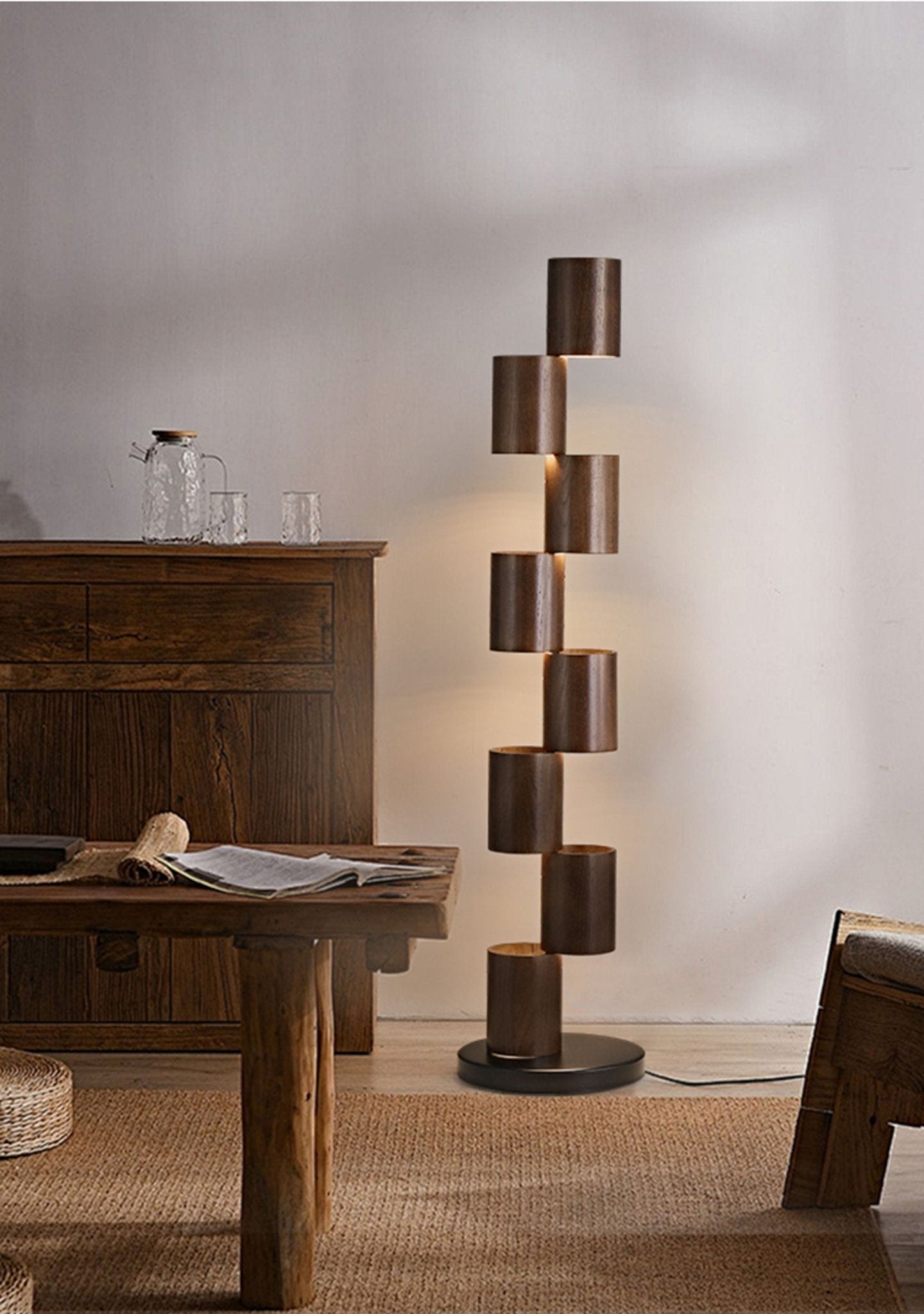Aris Stacked Wood Tower Floor Lamp-Neutral Decor
