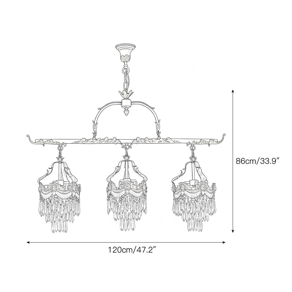 The 3-head version of the crystal pendant lamp, turned on.