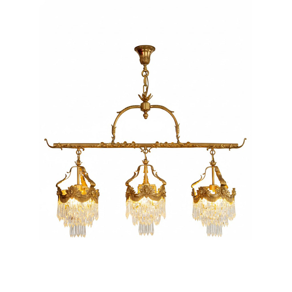 Stained crystal linear pendant lamp against a plain background.