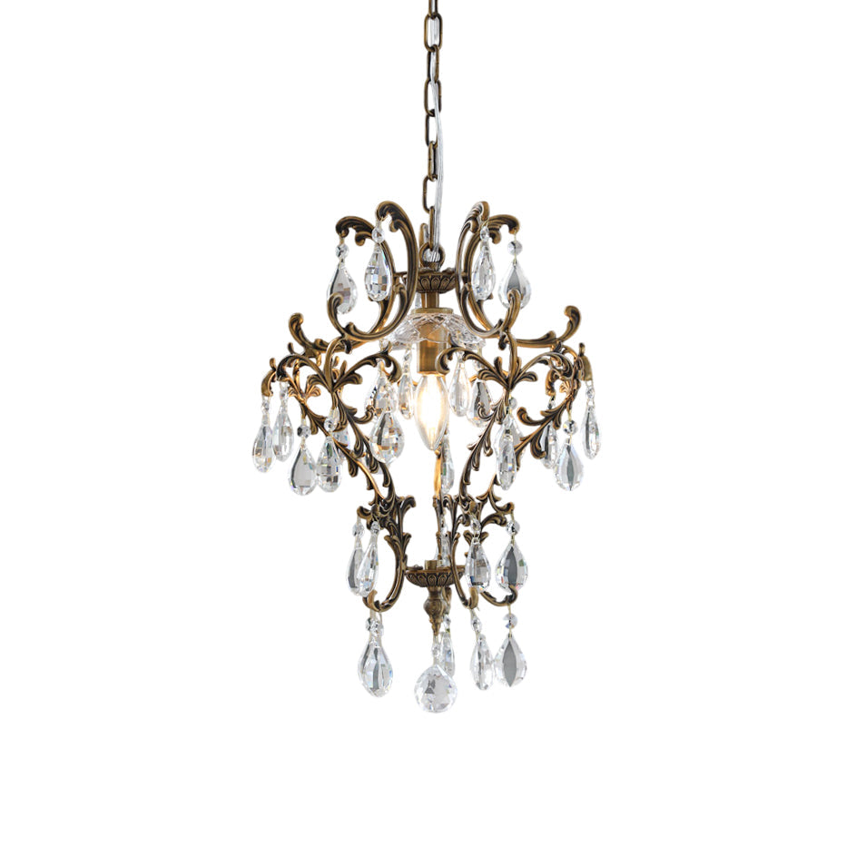 Front view of the Stars Tears Chandelier with its copper body and crystal details.