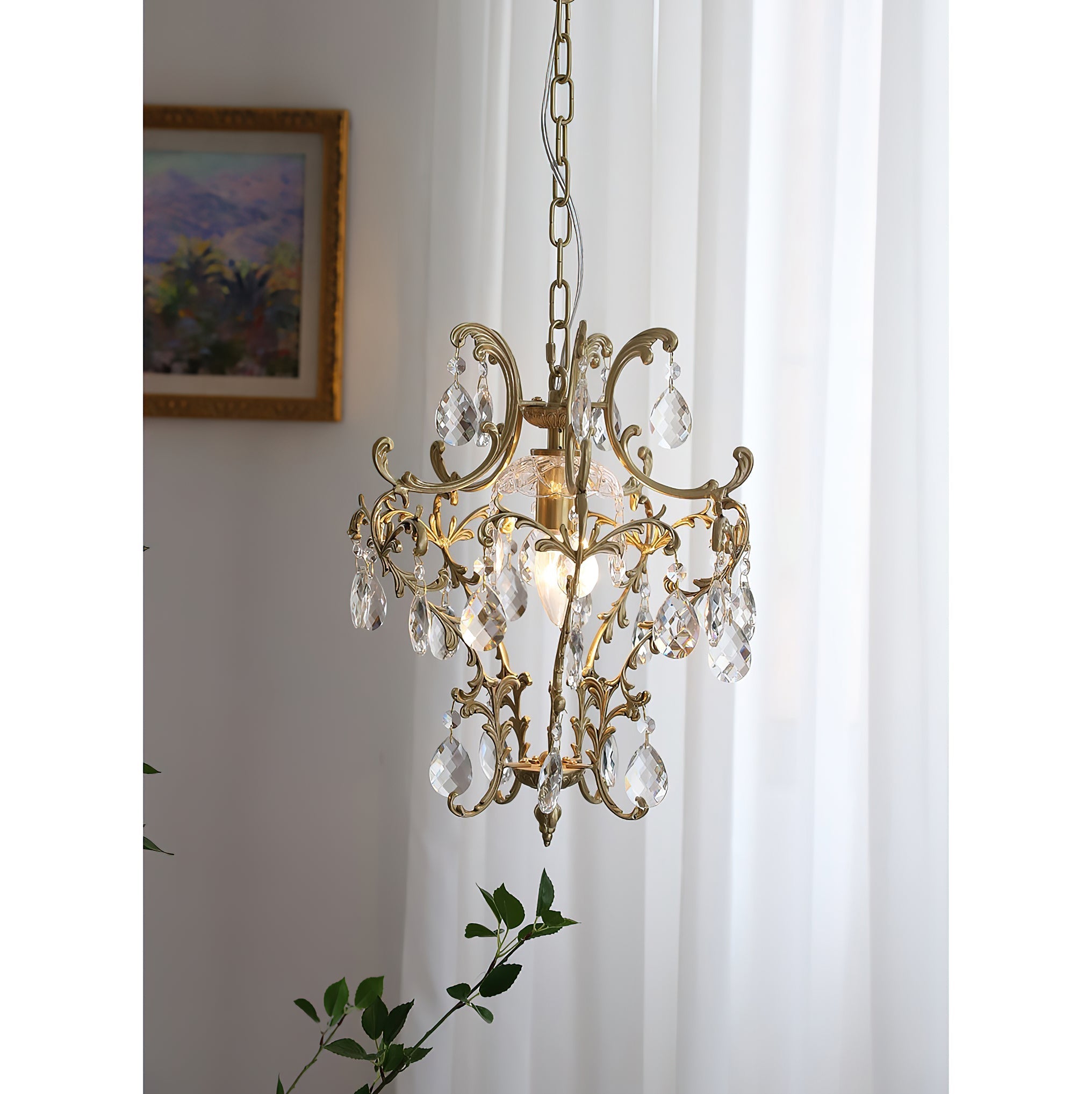 The chandelier against a plain background to show its form.
