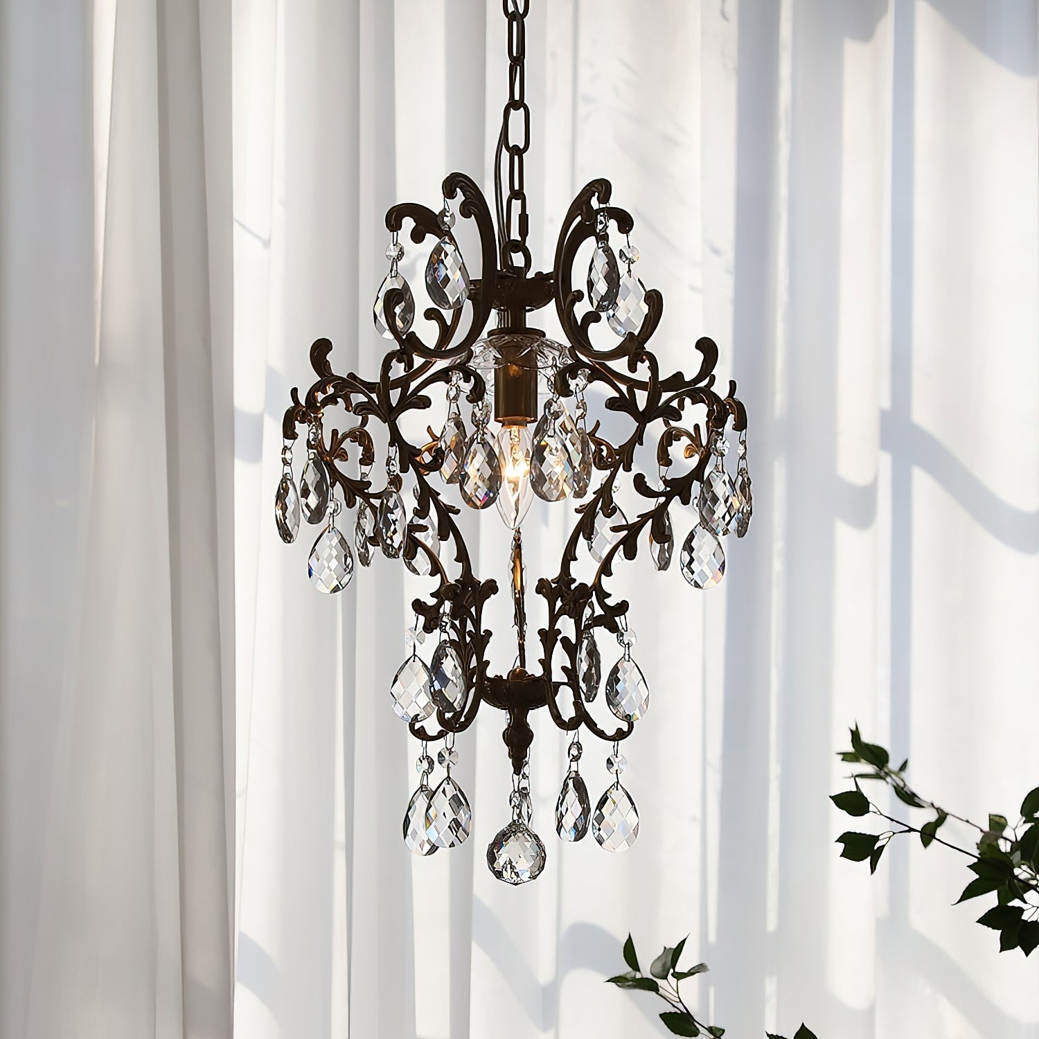 Angled view of the chandelier, showcasing its elegant structure.