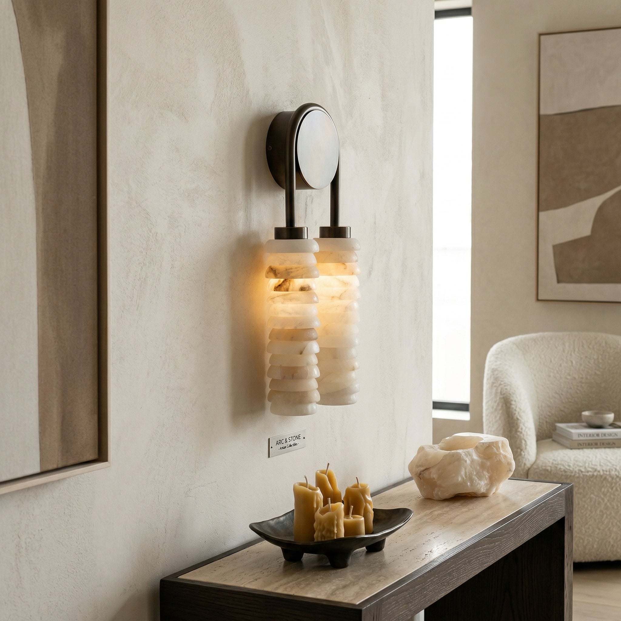 Side view of the Payson Double Alabaster Wall Lamp highlighting its profile.