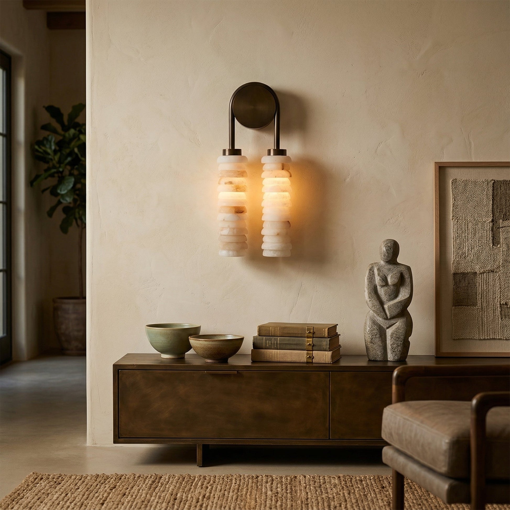 Payson wall lamp illuminating a hallway with a warm glow.