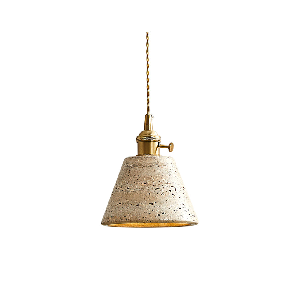 Stella Pendant Light with a conical travertine shade and brass fixture.