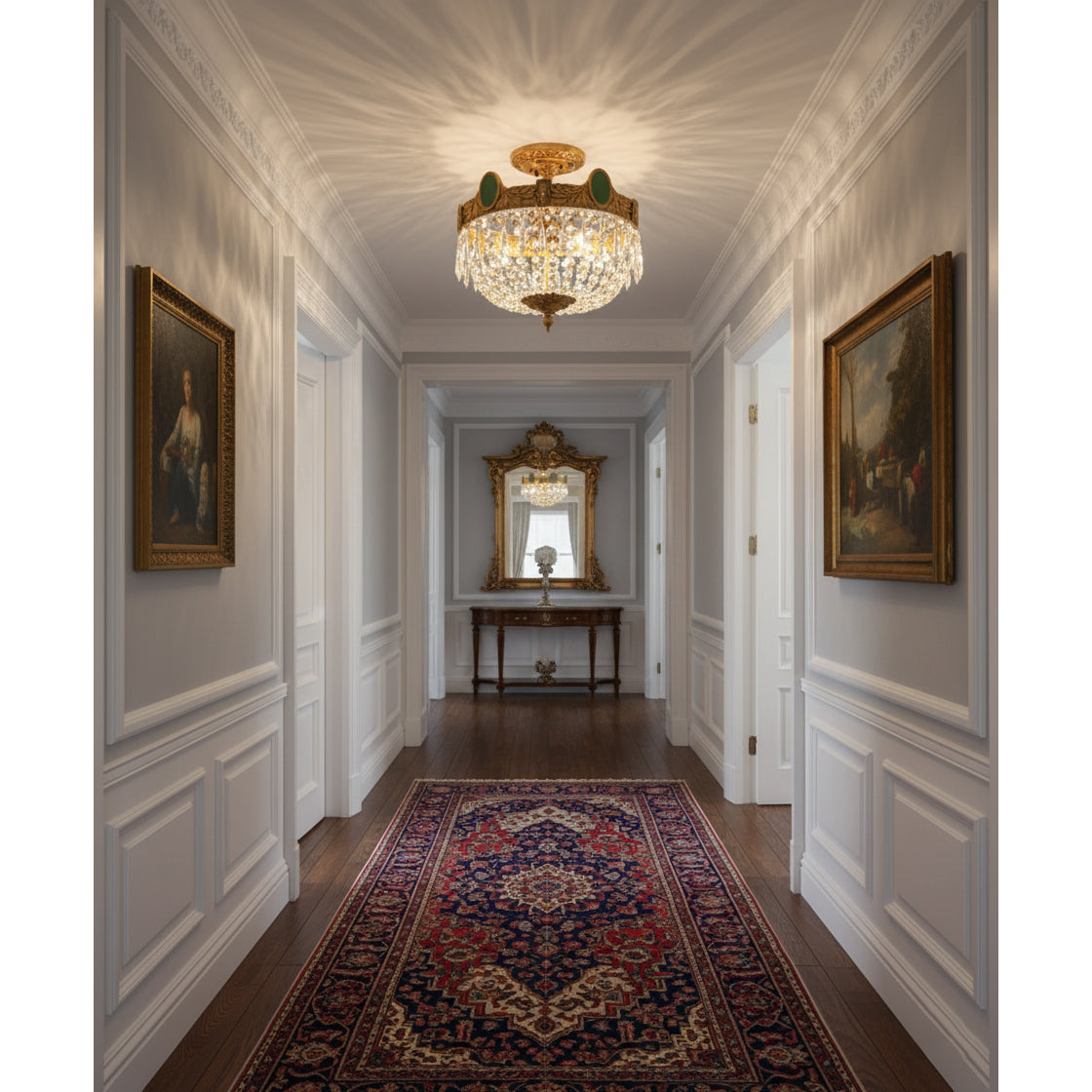 View of the Stinnett Ceiling Lamp from below, showing the arrangement of the three lights.