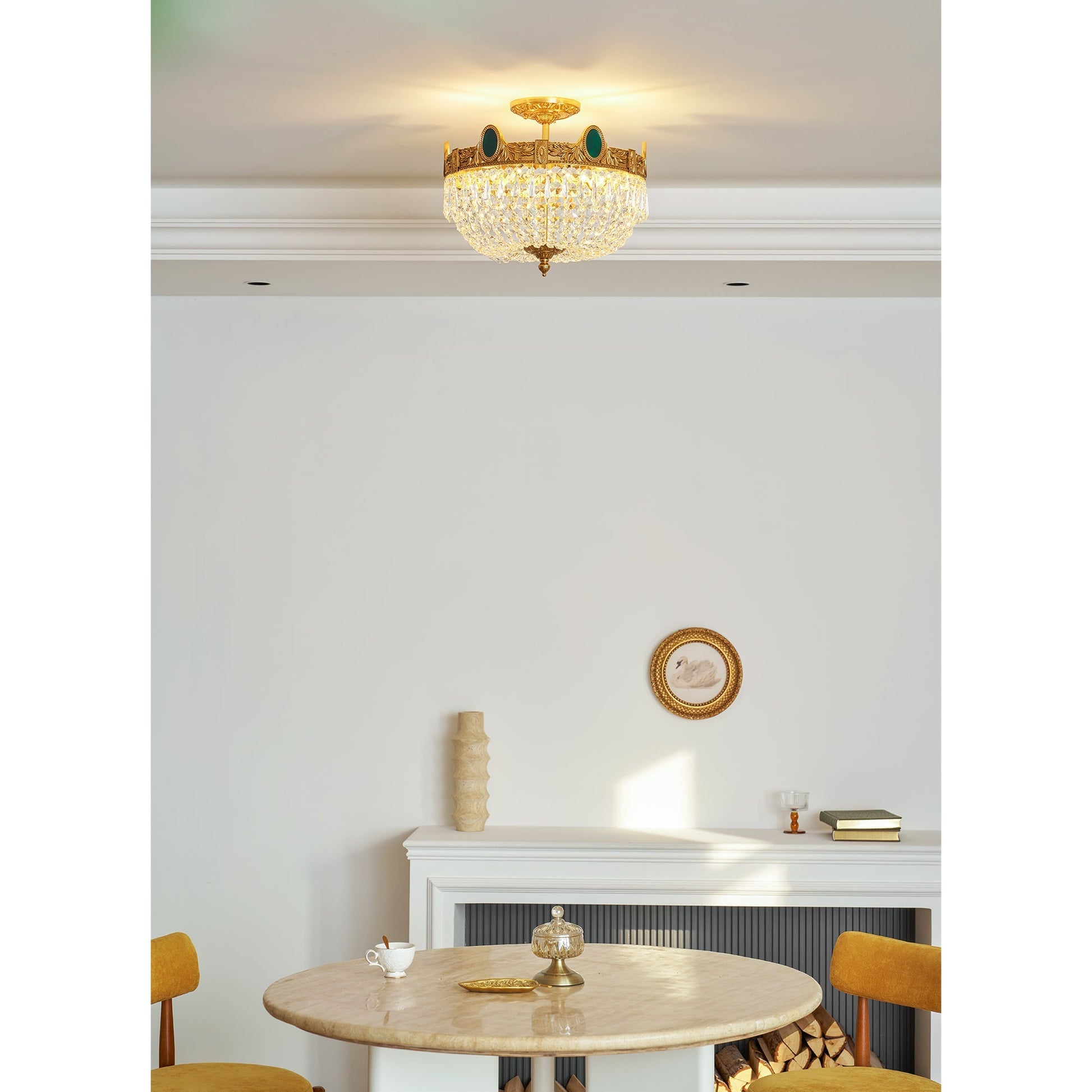 Detailed view of the faceted crystal lampshade.