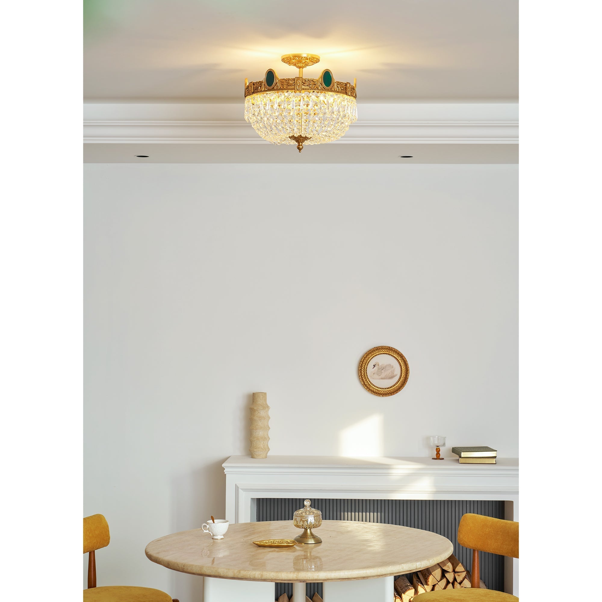 Detailed view of the faceted crystal lampshade.