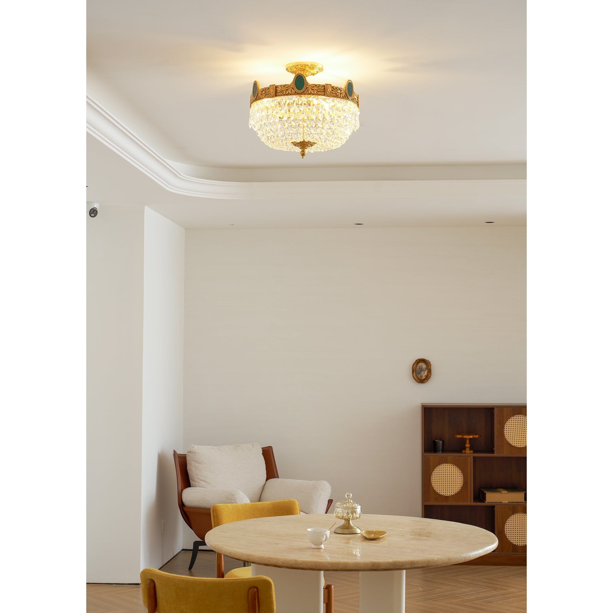The sleek brass structure of the Stinnett Ceiling Lamp.