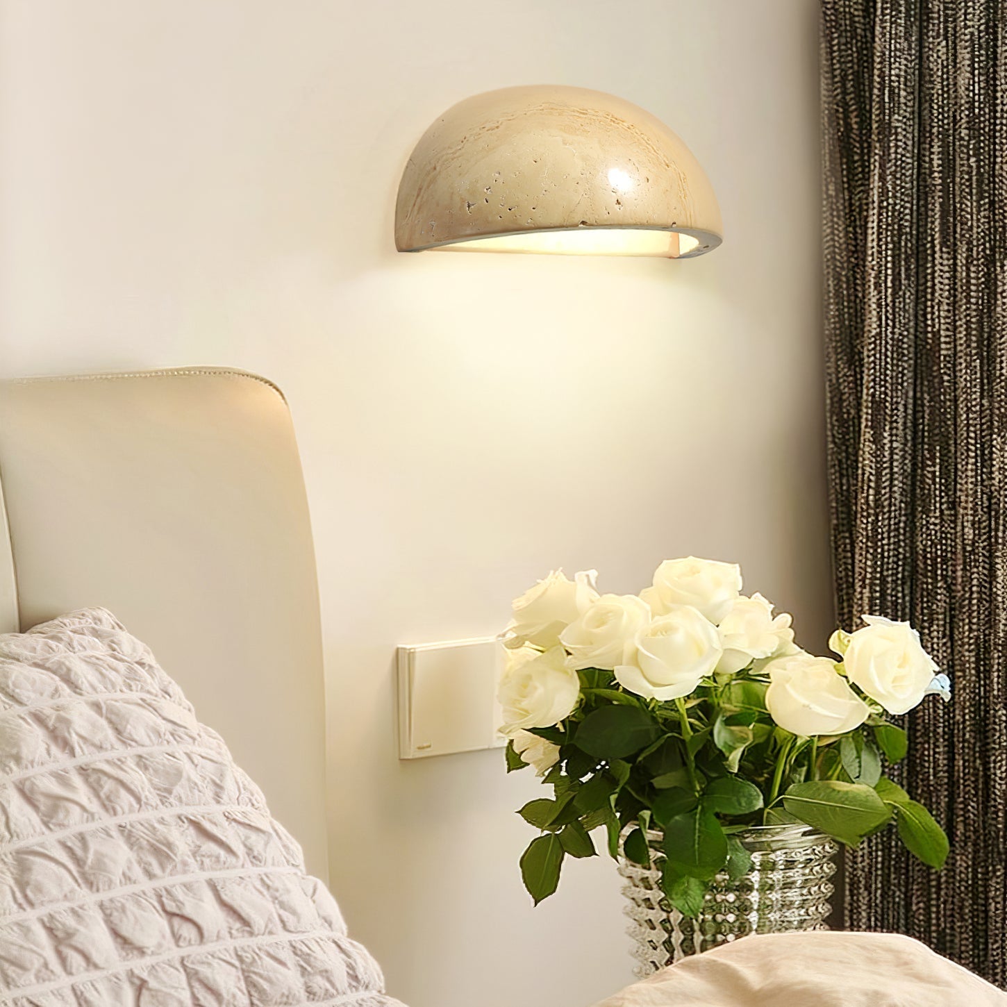 Vethayra Half-Dome Travertine Wall Light-Neutral Decor