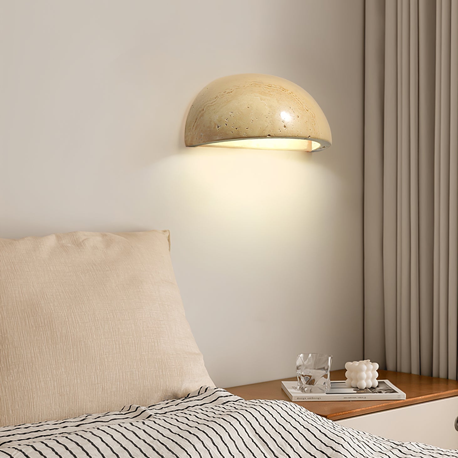Vethayra Half-Dome Travertine Wall Light-Neutral Decor