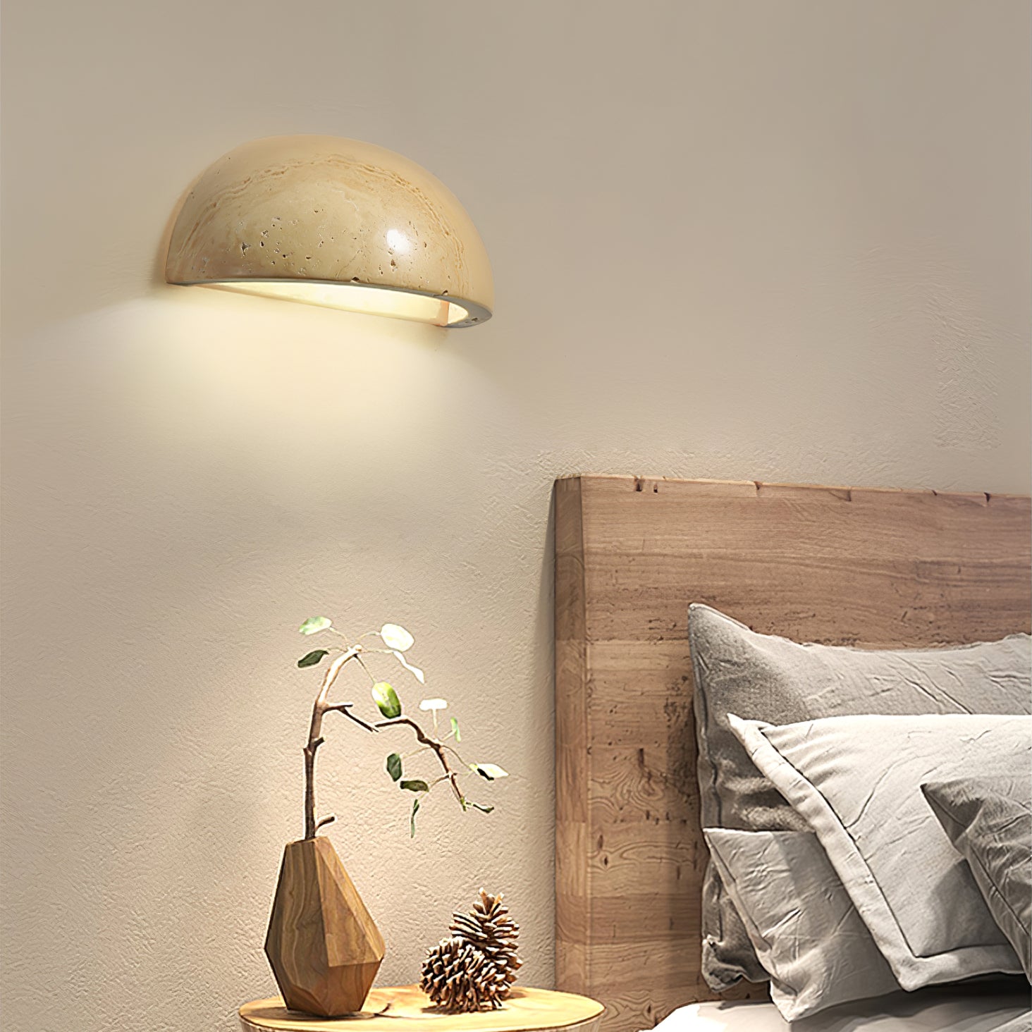 Vethayra Half-Dome Travertine Wall Light-Neutral Decor