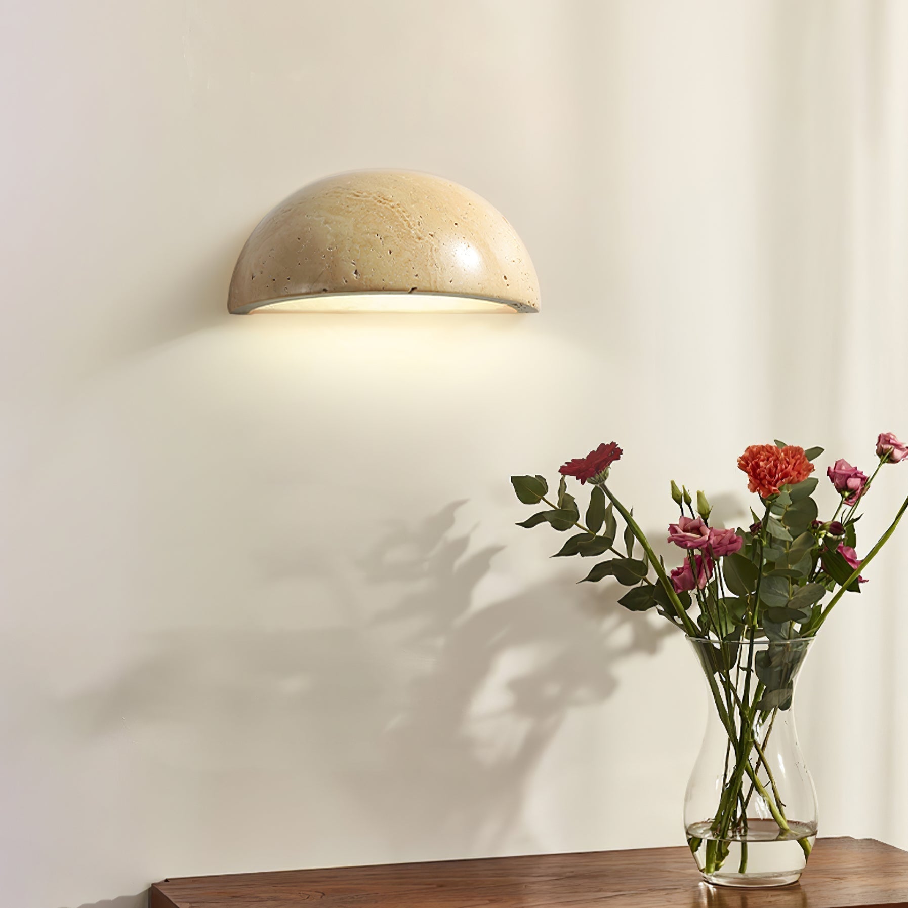 Vethayra Half-Dome Travertine Wall Light-Neutral Decor