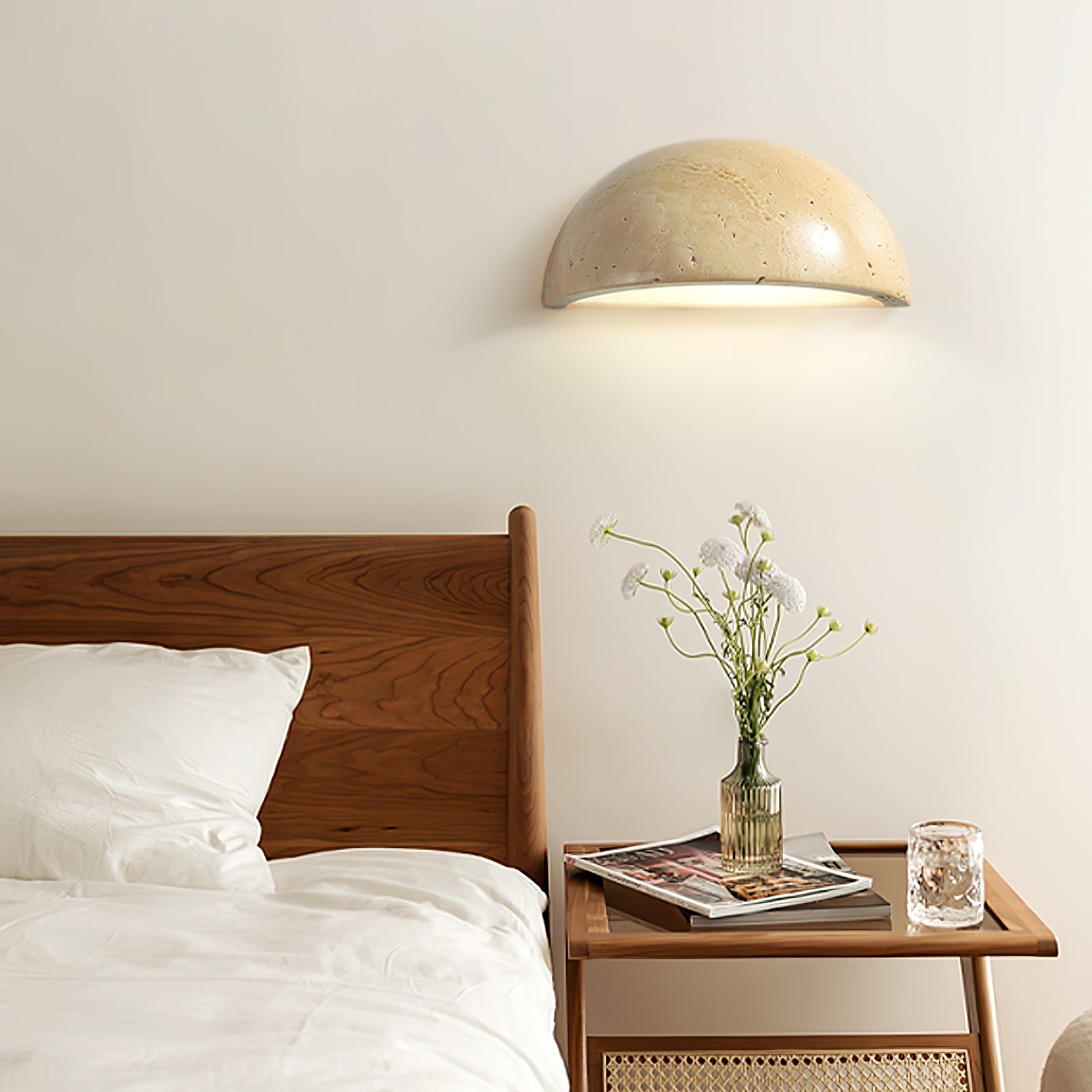 Vethayra Half-Dome Travertine Wall Light-Neutral Decor