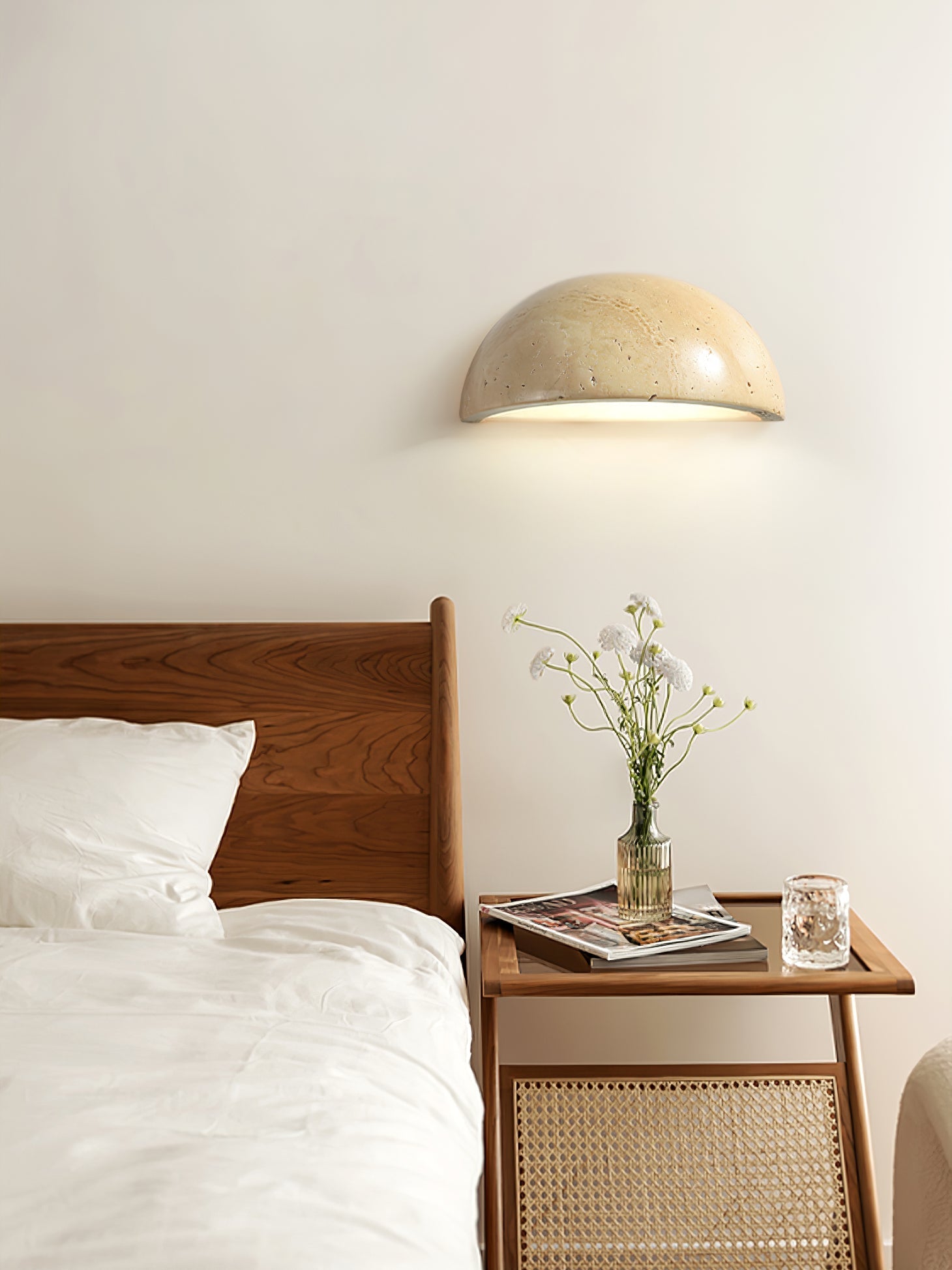 Vethayra Half-Dome Travertine Wall Light-Neutral Decor