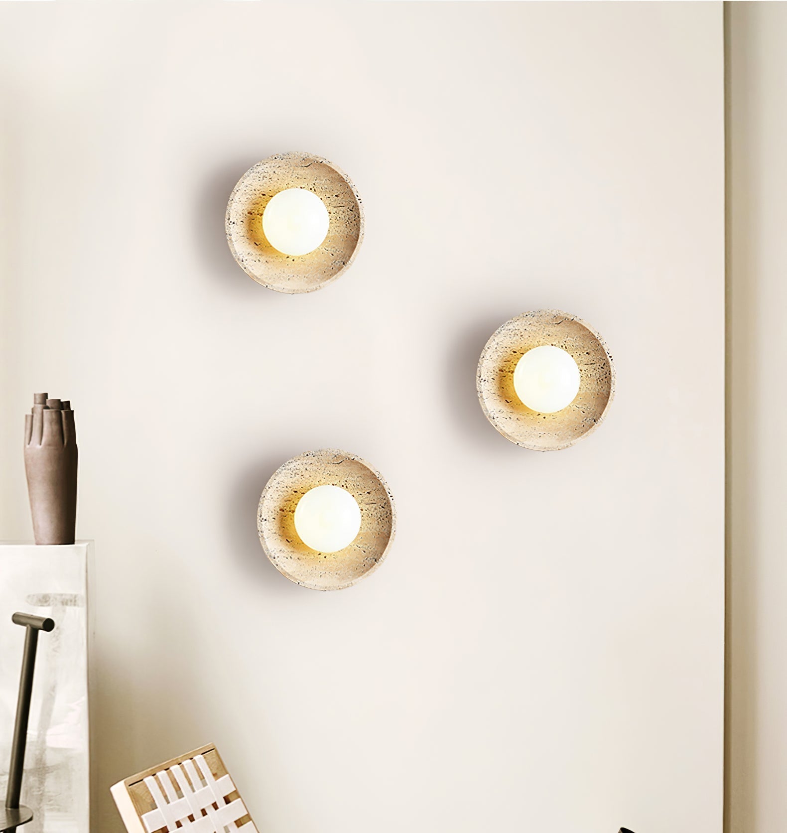 Tavik Bowl-Frame Travertine Wall Light-Neutral Decor