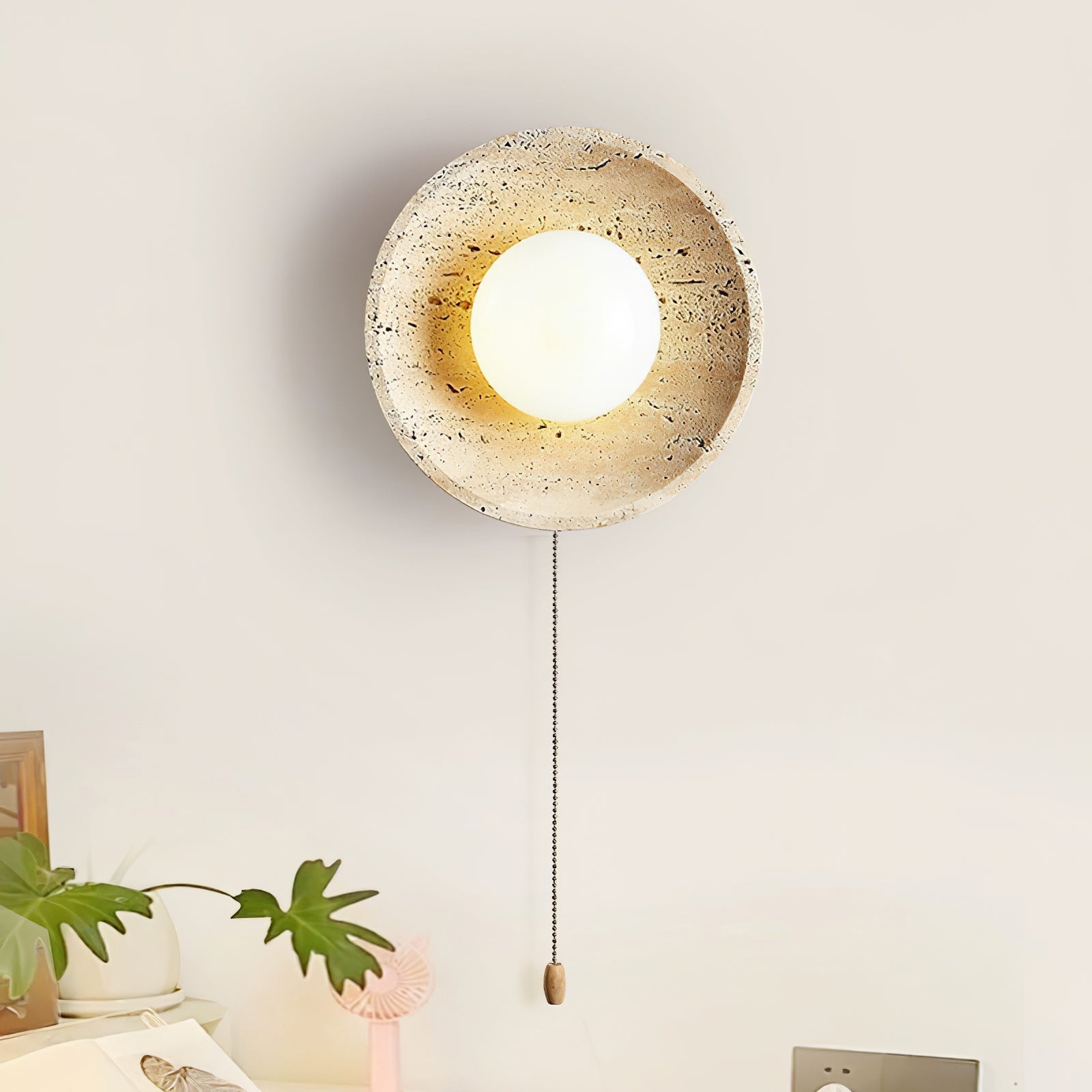 Tavik Bowl-Frame Travertine Wall Light-Neutral Decor