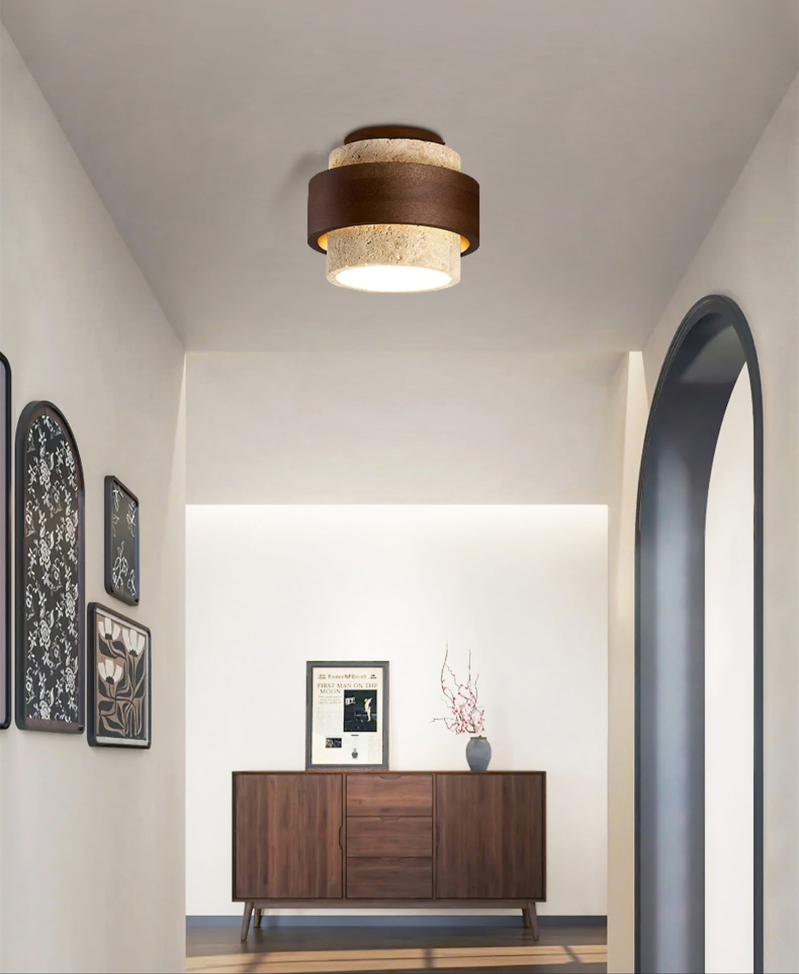 Xevos Layered Ring Travertine Ceiling Light-Neutral Decor