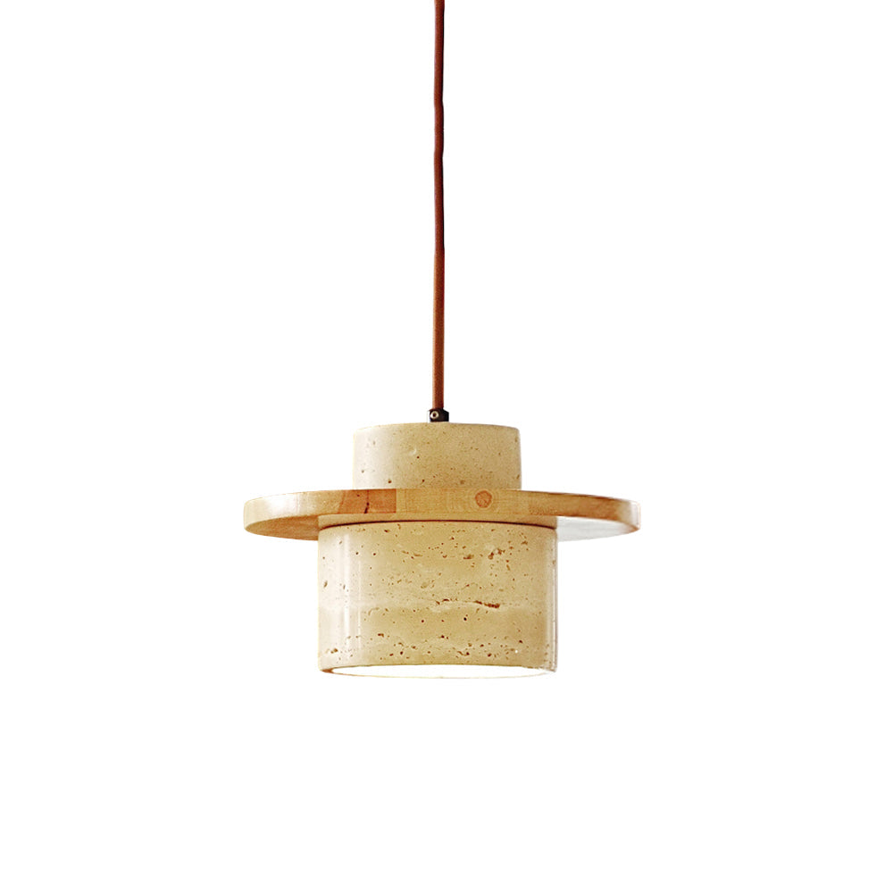 Stonova Duo Pendant Lamp with travertine shade and wood top.