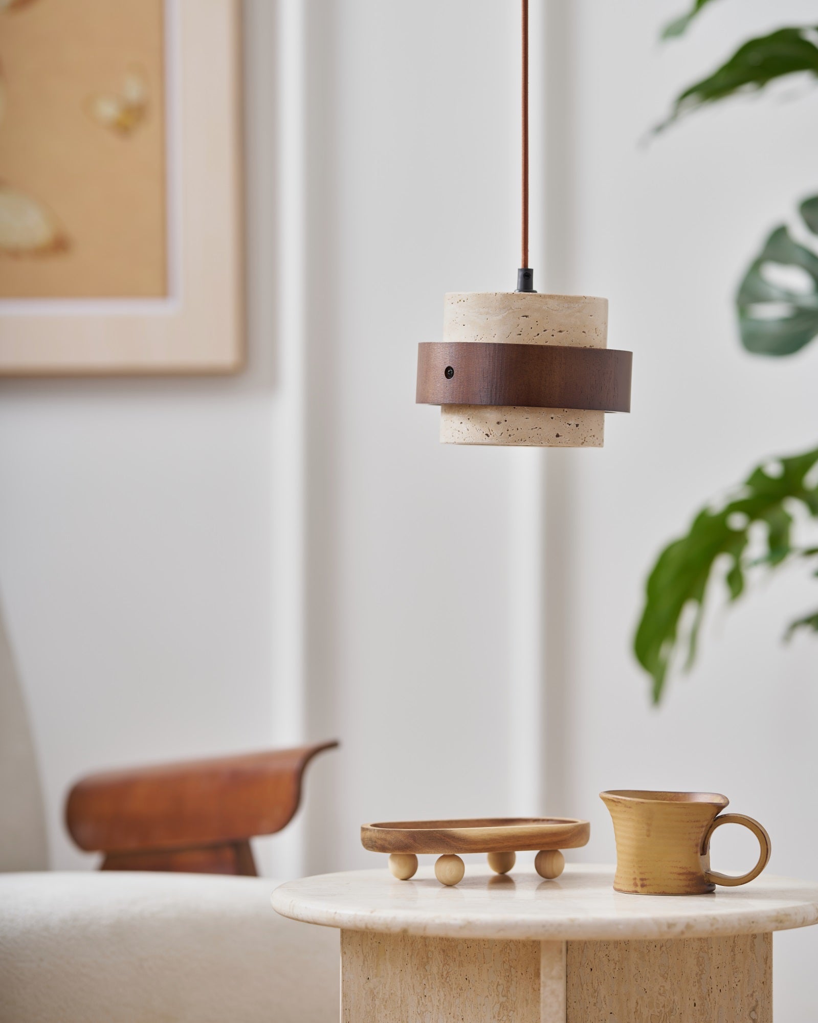 Cumirora Layered Cylinder Travertine Pendant Light-Neutral Decor