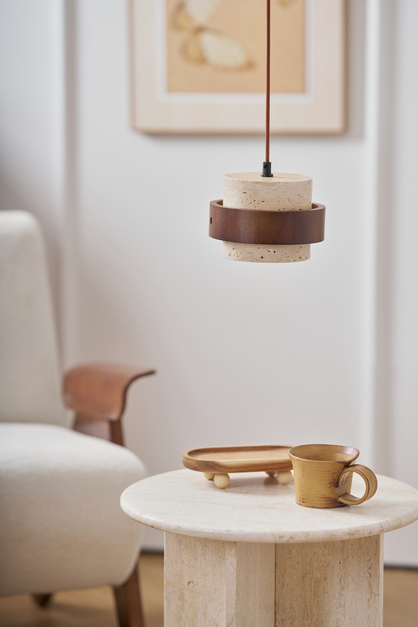 Cumirora Layered Cylinder Travertine Pendant Light-Neutral Decor