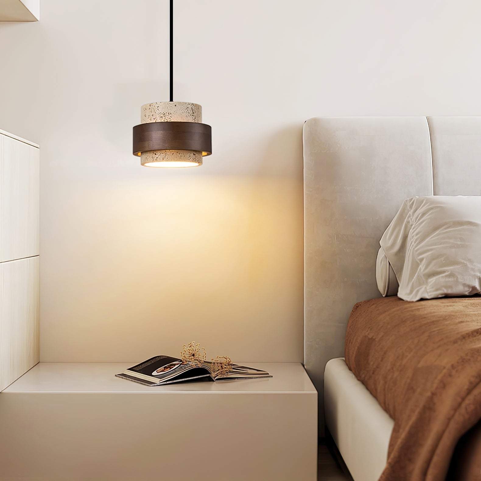 Cumirora Layered Cylinder Travertine Pendant Light-Neutral Decor