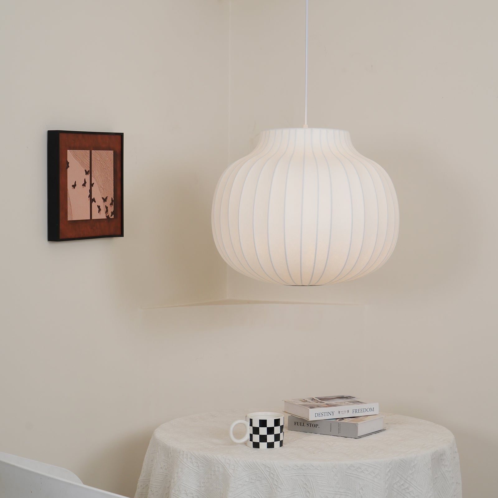 Pendant Light Silk Bell Shade Pleated Curved Modern Minimalist