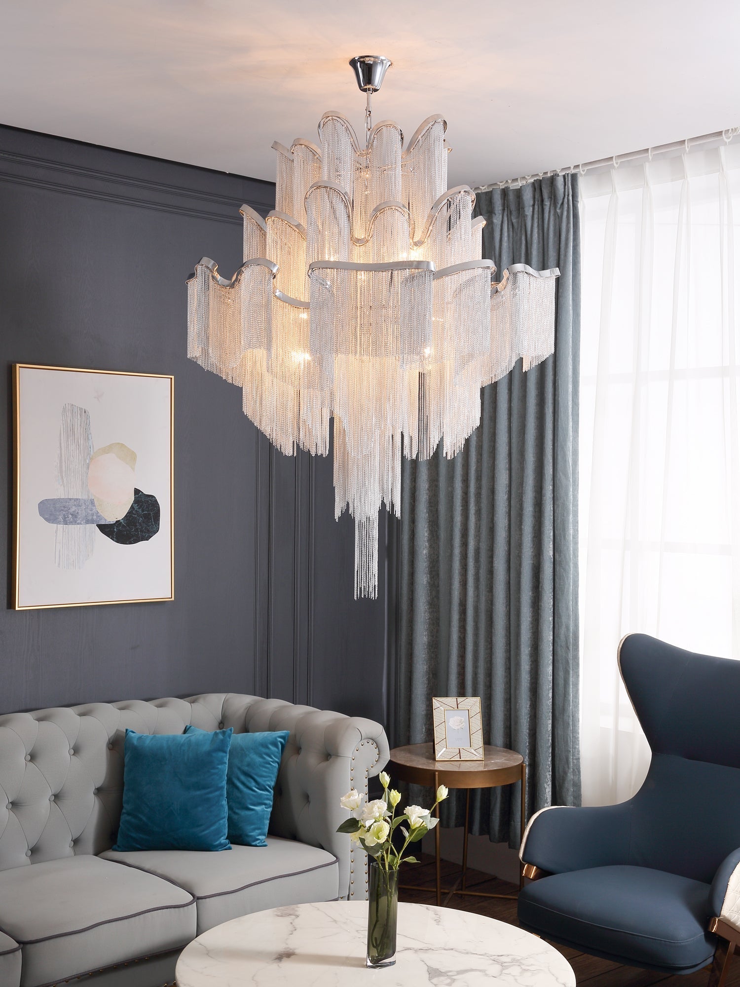 Lustra Pendant Lamp Stream Chain Nickel-Neutral Decor