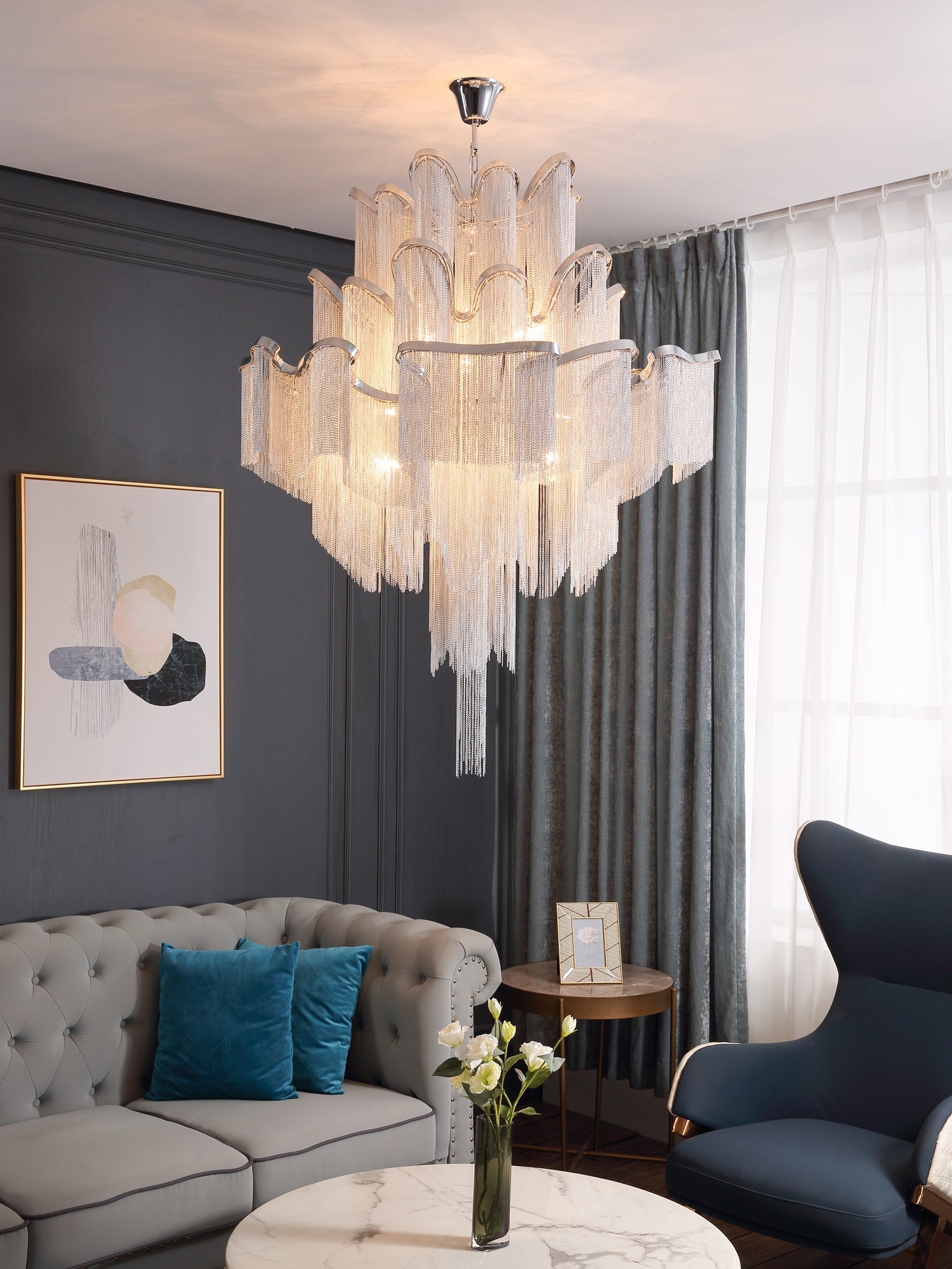 Lustra Pendant Lamp Stream Chain Nickel-Neutral Decor