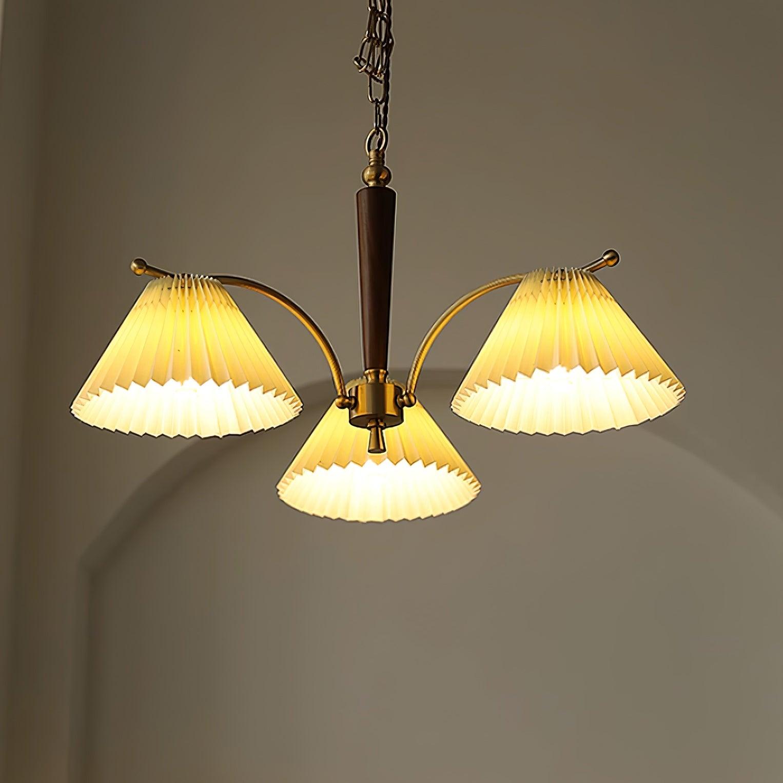 Chandelier Pleated Fabric Shades Walnut Brass Arms Warm Retro