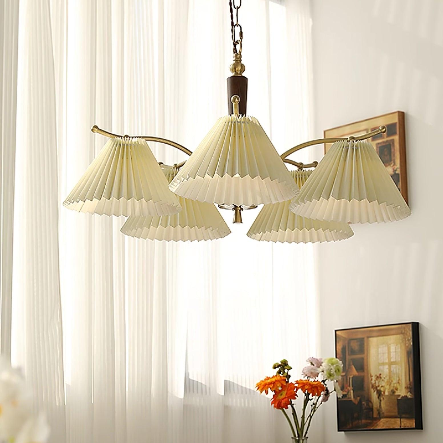 Chandelier Pleated Fabric Shades Walnut Brass Arms Warm Retro