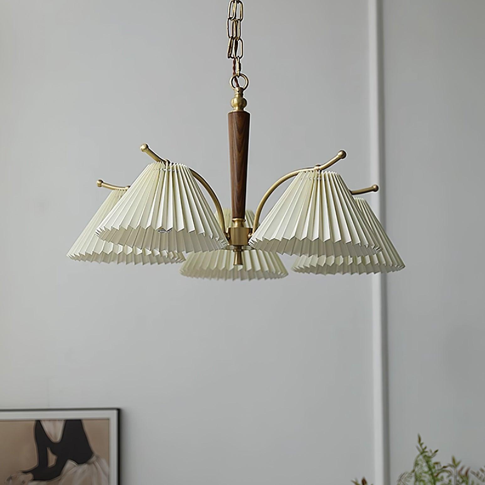 Chandelier Pleated Fabric Shades Walnut Brass Arms Warm Retro