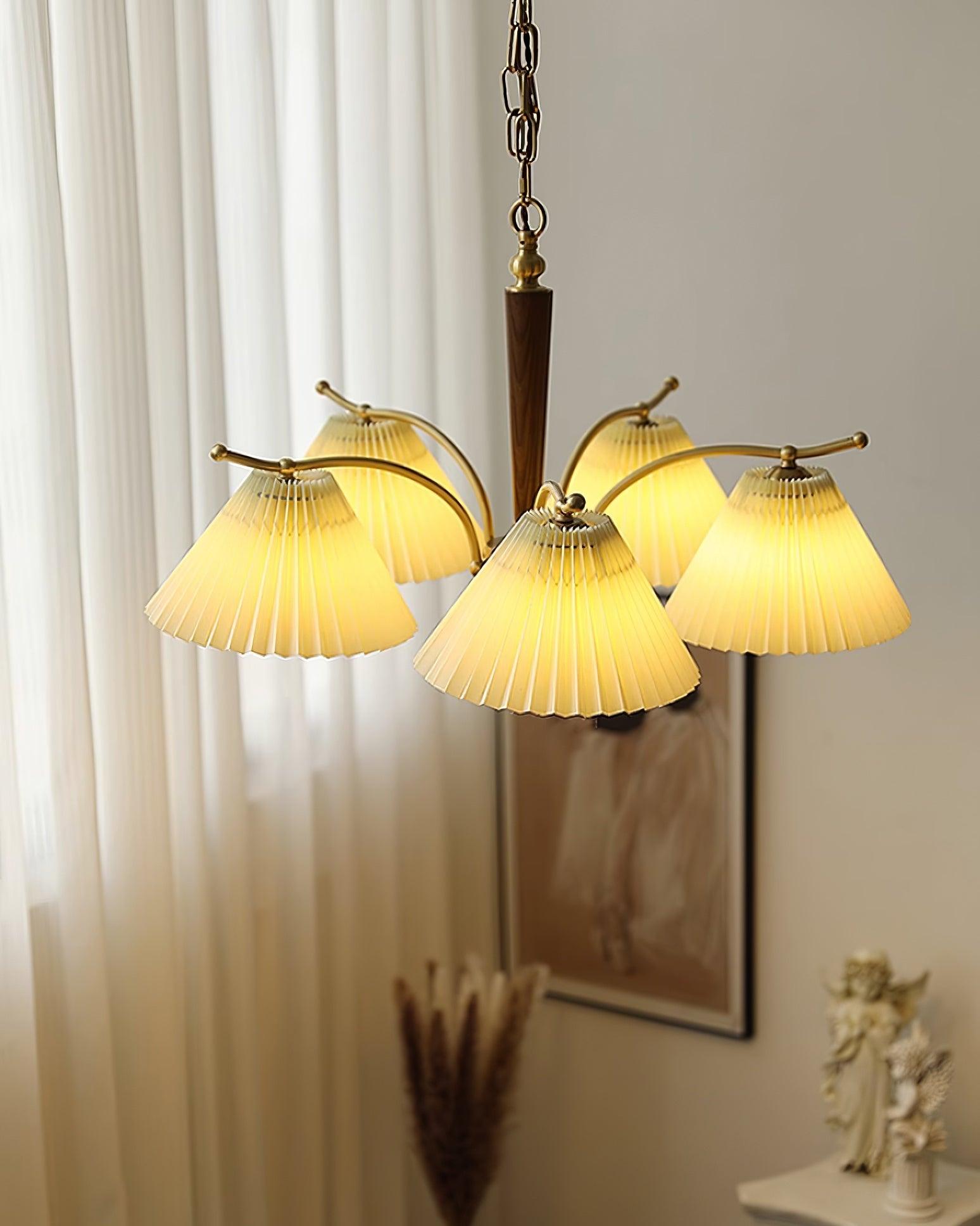Chandelier Pleated Fabric Shades Walnut Brass Arms Warm Retro