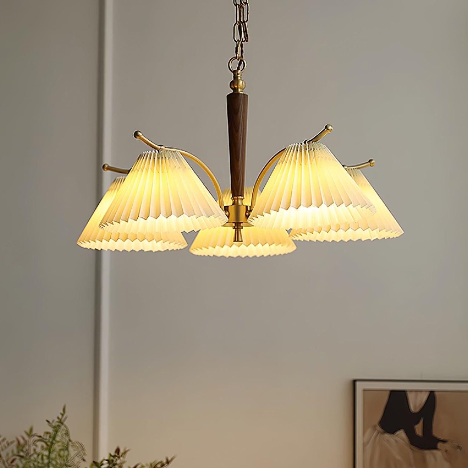 Chandelier Pleated Fabric Shades Walnut Brass Arms Warm Retro