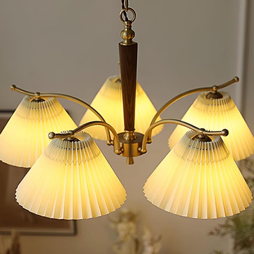 Chandelier Pleated Fabric Shades Walnut Brass Arms Warm Retro