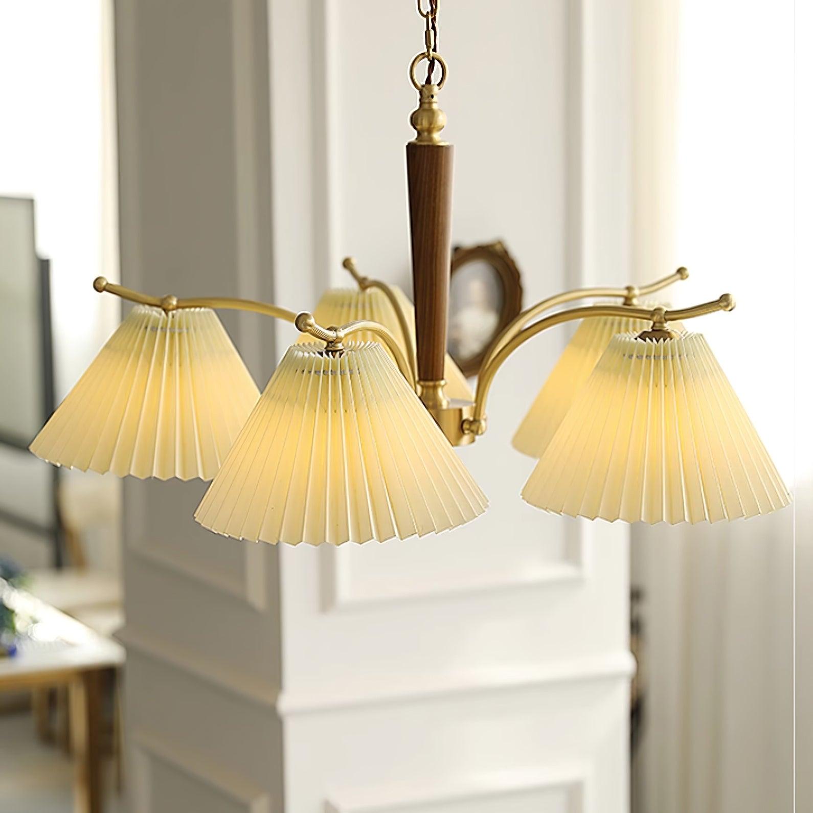 Chandelier Pleated Fabric Shades Walnut Brass Arms Warm Retro
